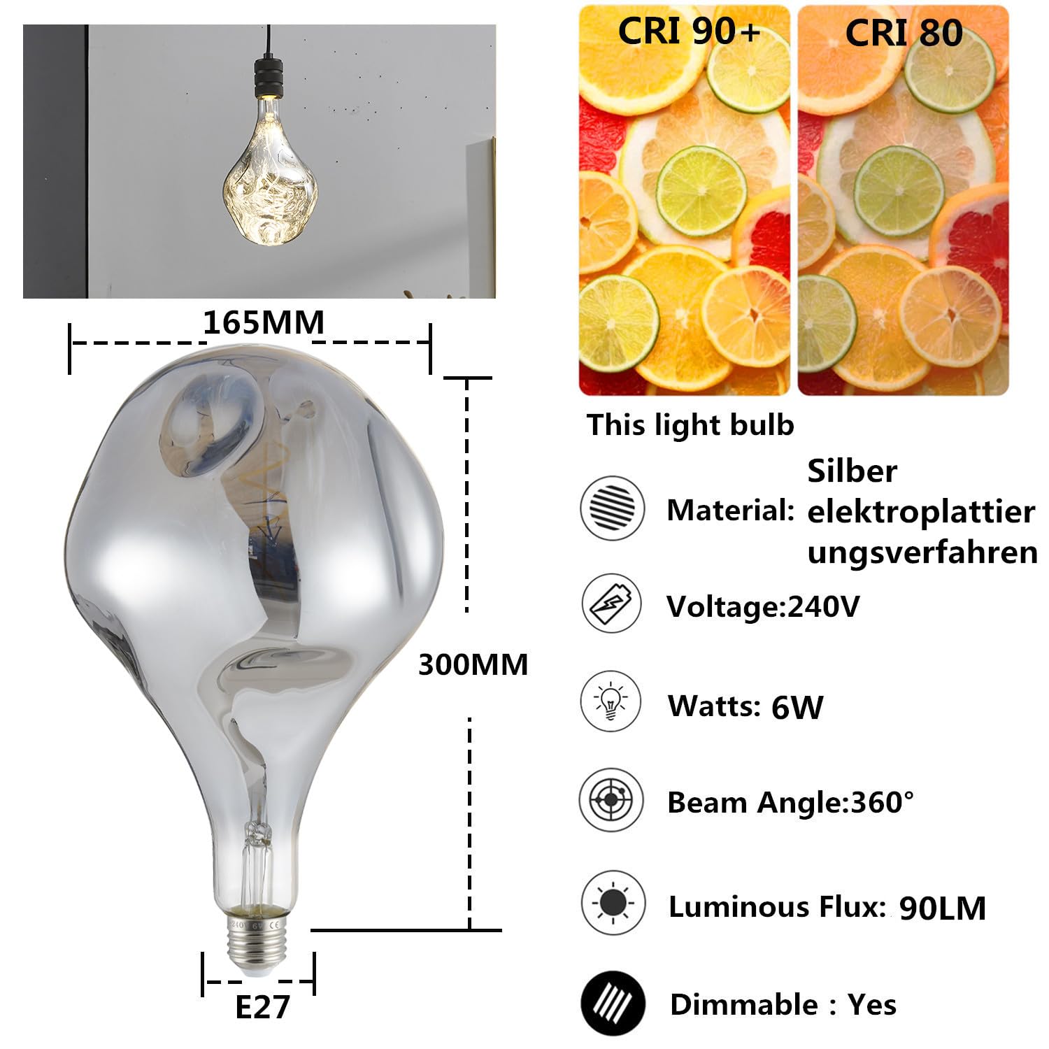 6W E27 LED Lampe 2700K Versilbert CRI>90 Flimmerfrei UV-frei A16Y | Warmweiß, CRI 90, dimmbar, maximale Lebensdauer 20000 Stunden, energieeffizient, ästhetisch