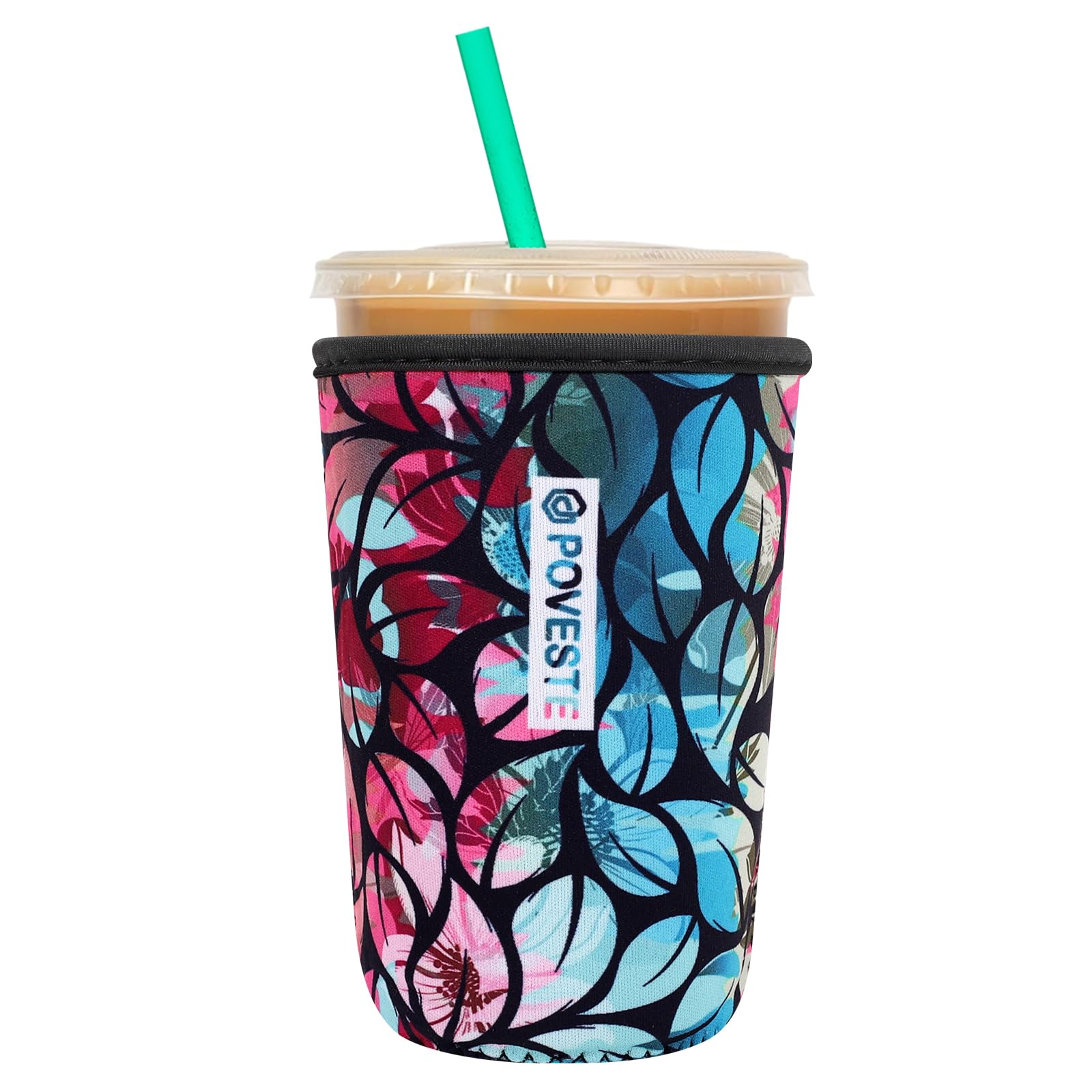 Reusable Neoprene Insulator Sleeve for Iced Coffee &amp; Cold Soda, Coffee Sleeves for Iced &amp; Hot Drinks, Cold Beverage Cooler Compatible with Starbucks, Dunkin (Blue&amp;Pink Leave, Medium: 22-24oz)