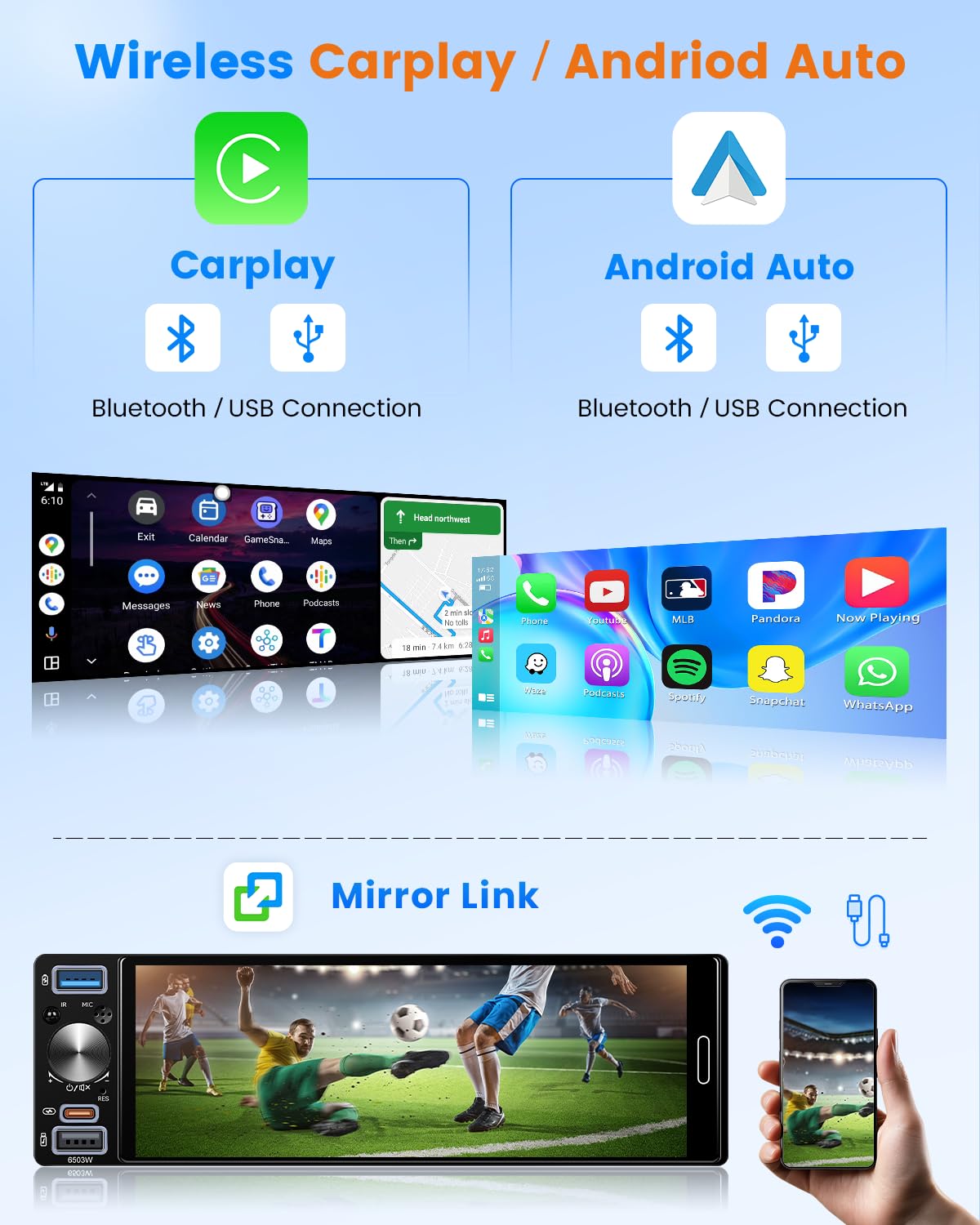 Hikity Android Autoradio 1 DIN Stereo Bluetooth Compatible avec Wireless CarPlay Android Auto, 6,5 Incell Pouces Écran Tactile Lecteur Radio RDS FM AM Recharge Rapide Microphone Caméra pour Voiture