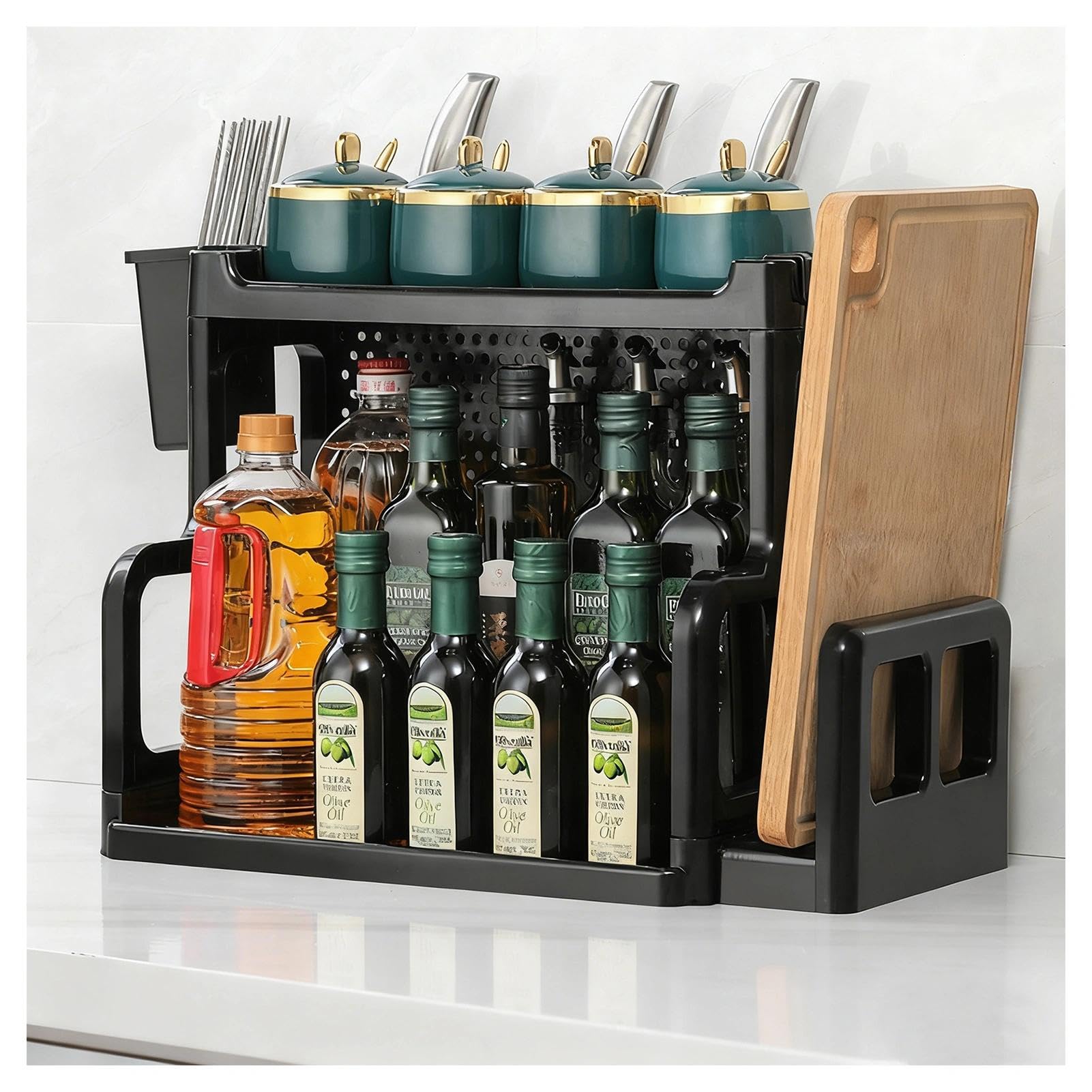 HADECOLL Tiered Countertop Spice Rack Organizer With Hooks And Utensil Holders, Freestanding Kitchen Storage For Office And Living Room, 2 Tiers,2 Tier