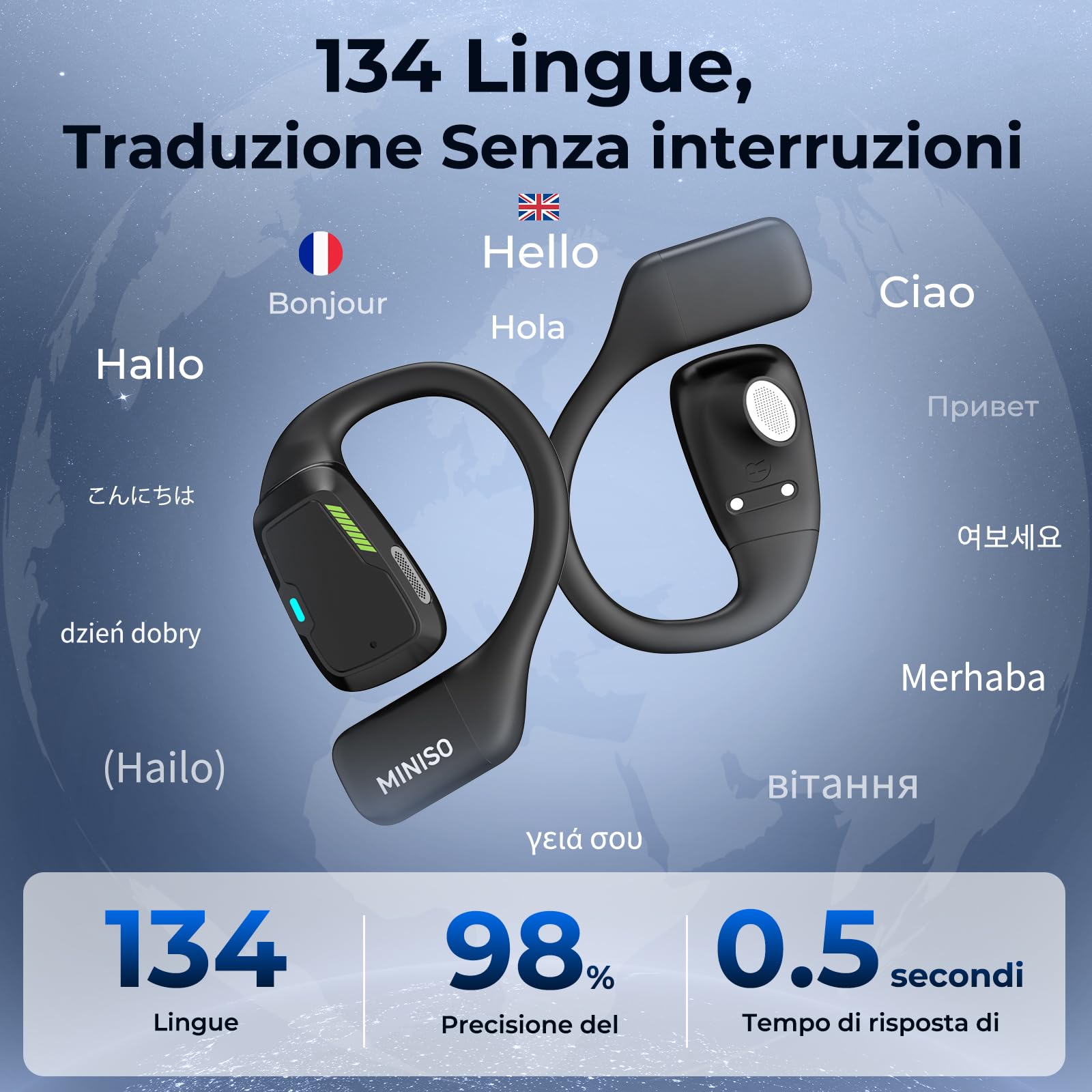 MINISO M98 AI Traduttore Cuffie, Cuffie Traduttore 3-in-1 in Tempo Reale con App, Cuffie Traduttore con LCD Touchscreen per 134 Lingue, Traduttore Auricolari Open Ear per Apprendimento, Viaggi