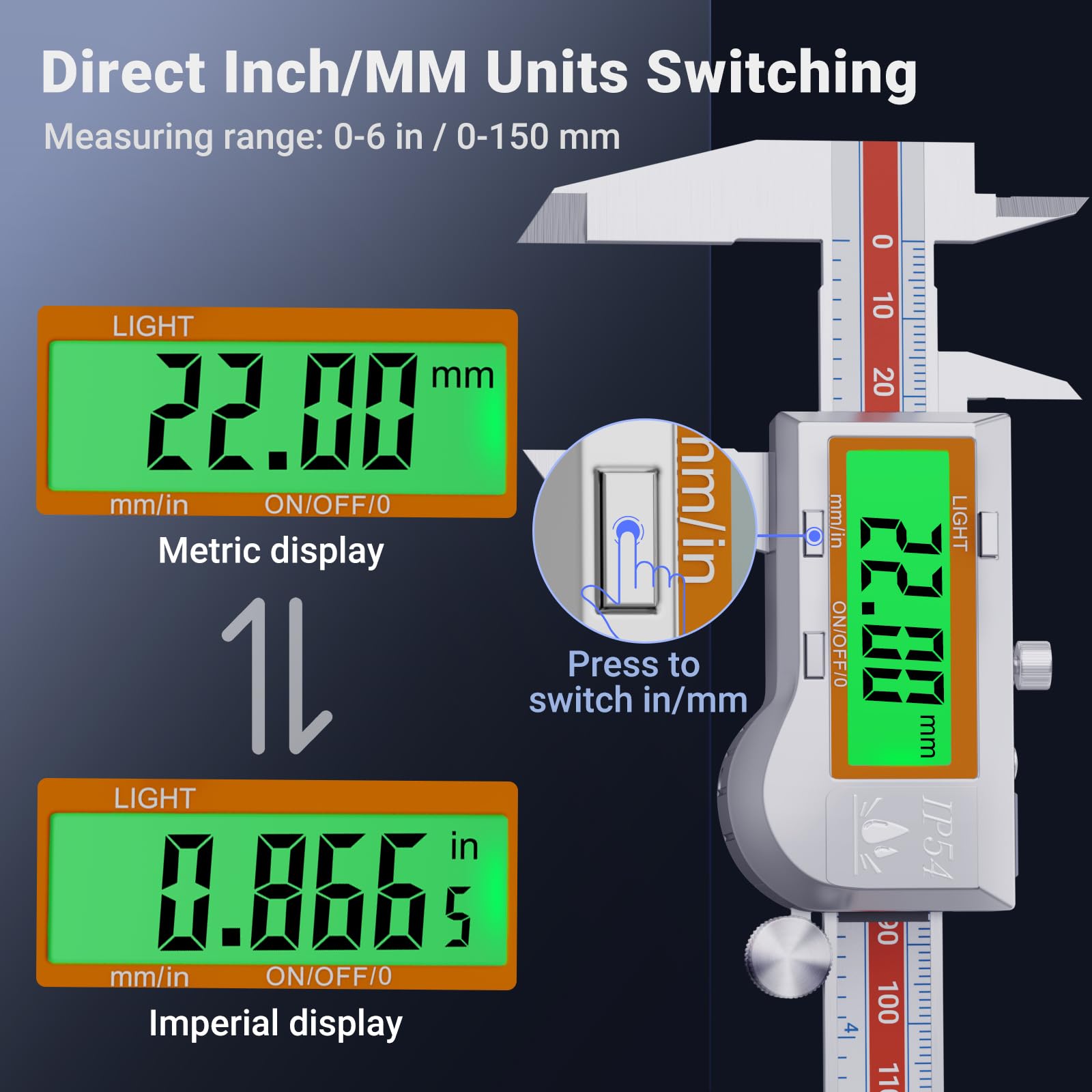 Preciva Digitaler Messschieber 150mm IP54 - Elektronische Schieblehre aus Edelstahl mit LCD Display, Hintergrundbeleuchtung und Feineinstellung Präzisions Messschieber