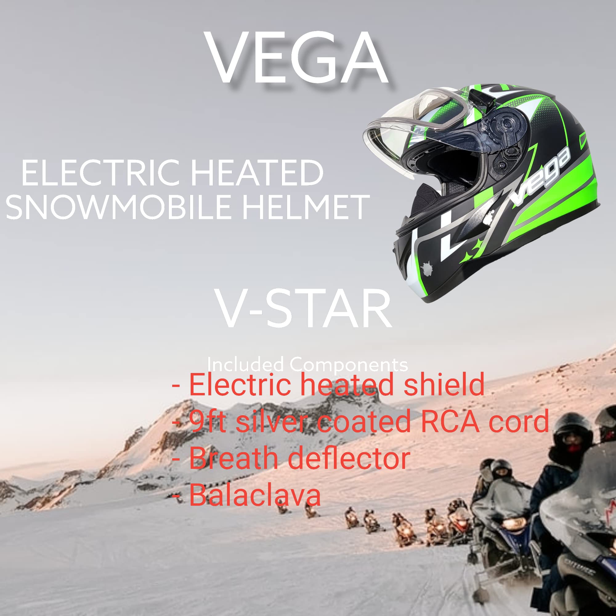 VEGA Helmets V-Star Snowmobile Helmet with Electric Heated Shield Evolution (9ft Silver Coated Heavy Duty RCA Jack Cord, Breath Deflector, Thin Balaclava Included) (Large 59-60 cm, Green Evolution)