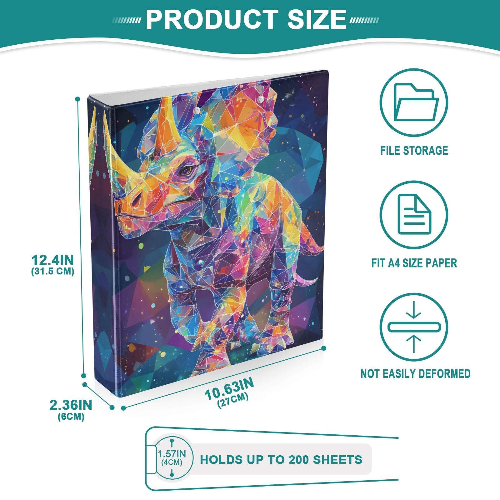 Triceratops - Raccoglitore a 3 anelli colorati da 3,8 cm per 200 fogli con 3 tasche interne trasparenti in PVC, per scuola e ufficio