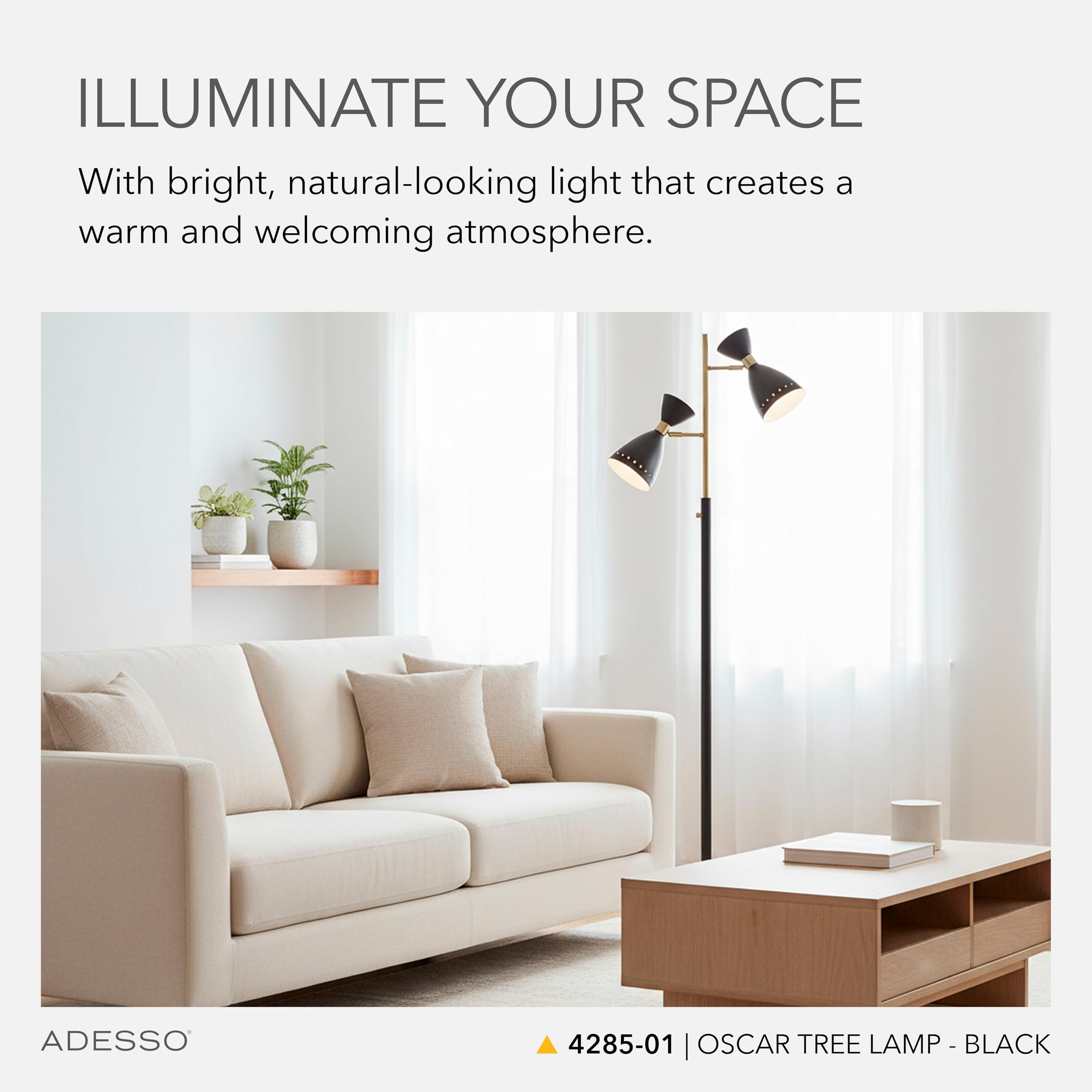 Adesso 86” Tall Tree Lamp – Adjustable 2-Light Black & Antique