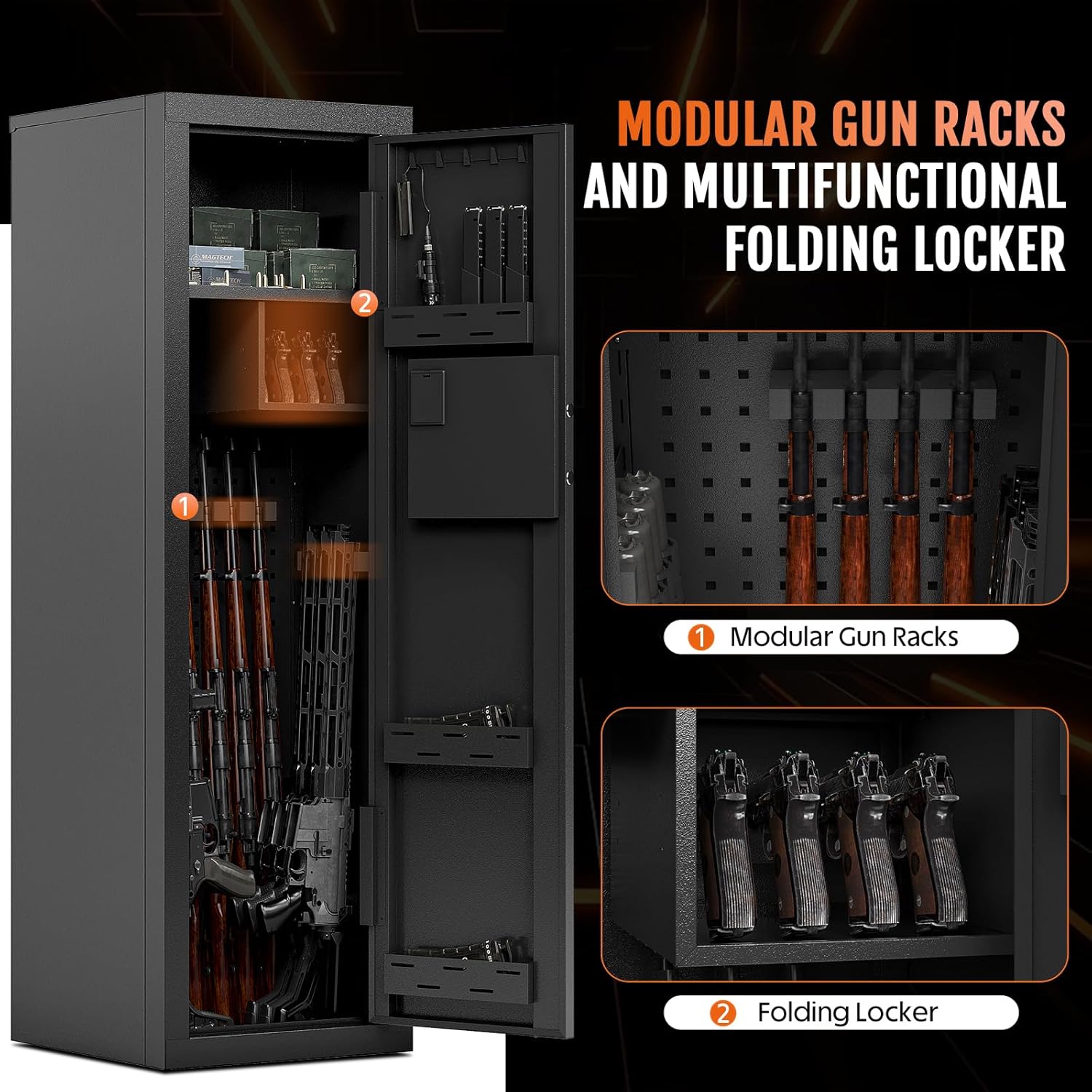 Modular gun racks and folding locker inside KAER gun safe
