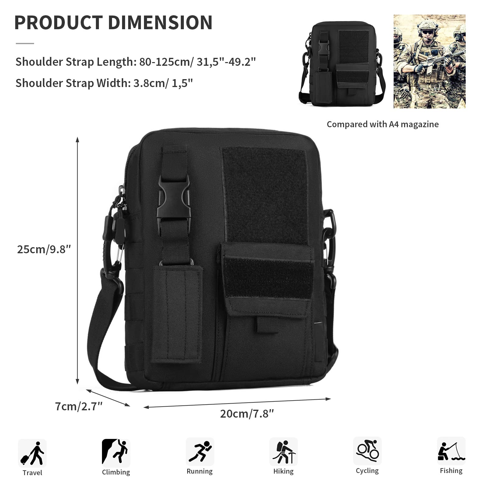 HUNTVP Sac Bandoulière Travail Sac Militaire Molle Tactique en Nylon Multifonctionnel Homme Femme pour Randonnée Voyage Cyclisme(Noir)