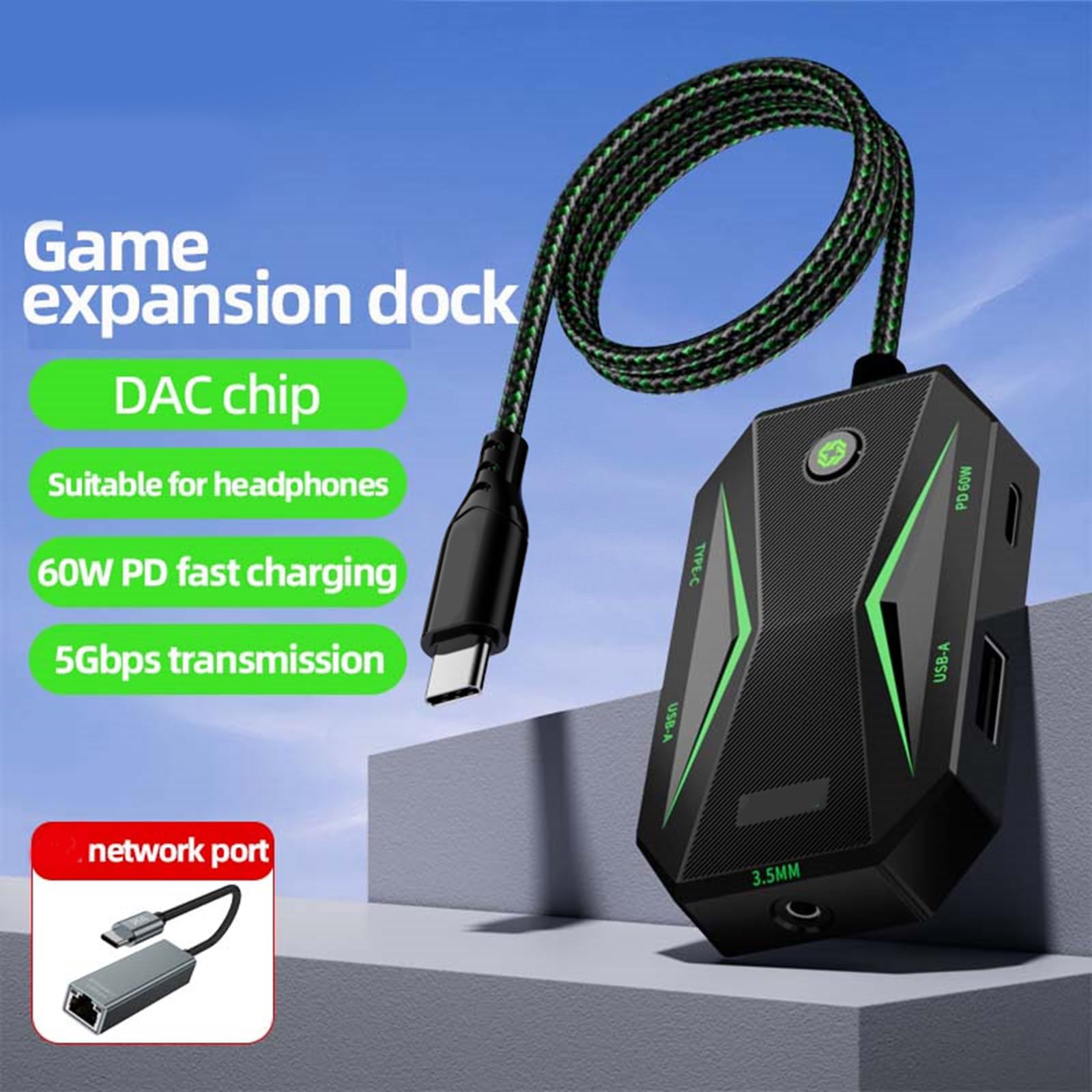 Estación de acoplamiento de 5 Gbps para adaptador de auriculares GS4 con carga de 5 Gbps, adaptador auditivo tipo C de 3.5 mm para Game Pad
