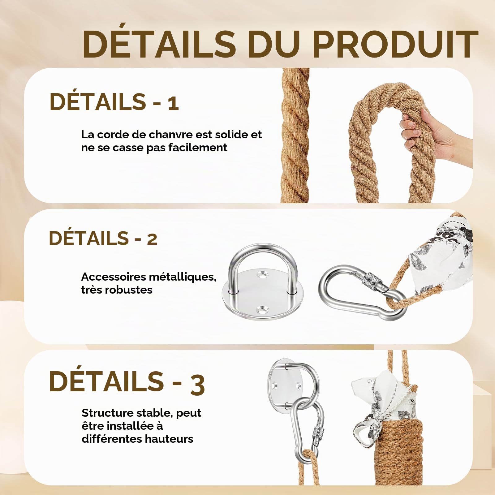 Weysat Corde d'escalade pour Chat avec Crochet - Fixation Murale - 5 cm x 2,7 m - pour intérieur et extérieur