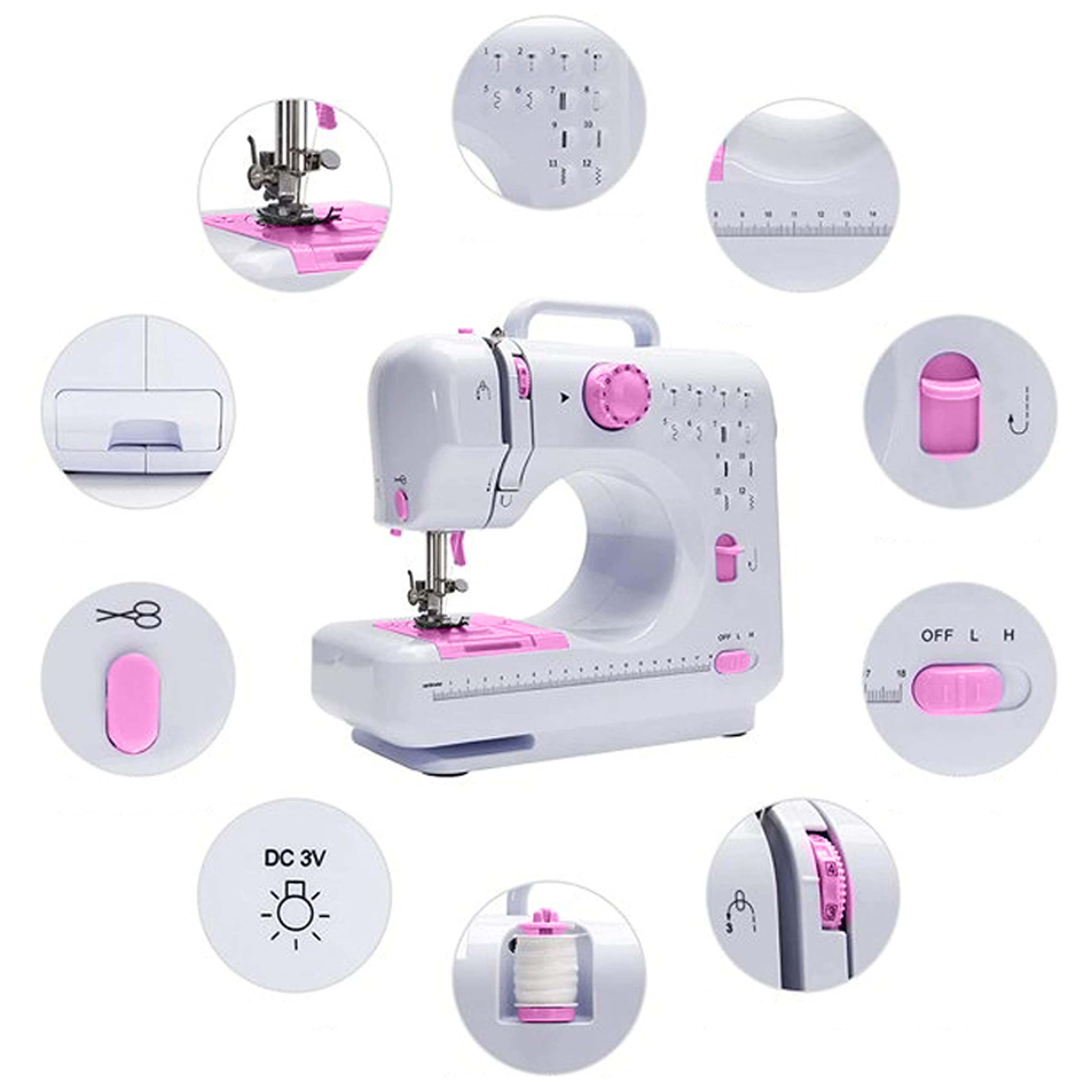 Retoo Mini machine à coudre et LED pour enfants et débutants - 12 motifs de points - Machine à coudre électronique professionnelle avec pédale - Alimentation et batterie - Bras libre - Blanc/rose