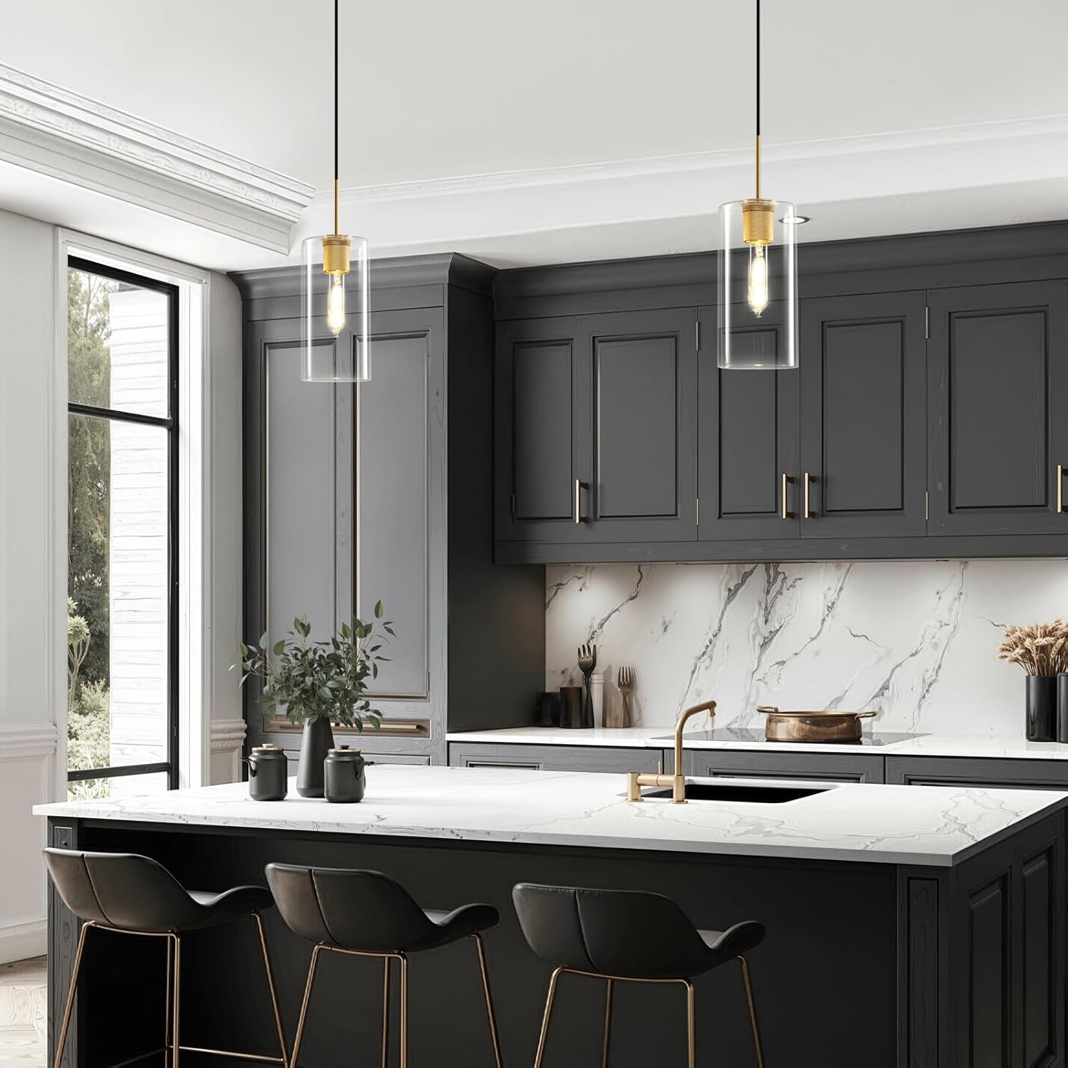 Modern Gold Glass Pendant Light: Cylinder Clear Glass Pendant Light over Kitchen Island - Simple Brass Hanging Lights with Short Tube - Height Adjustable Pendants Lighting Fixture for Bedroom Bathroom