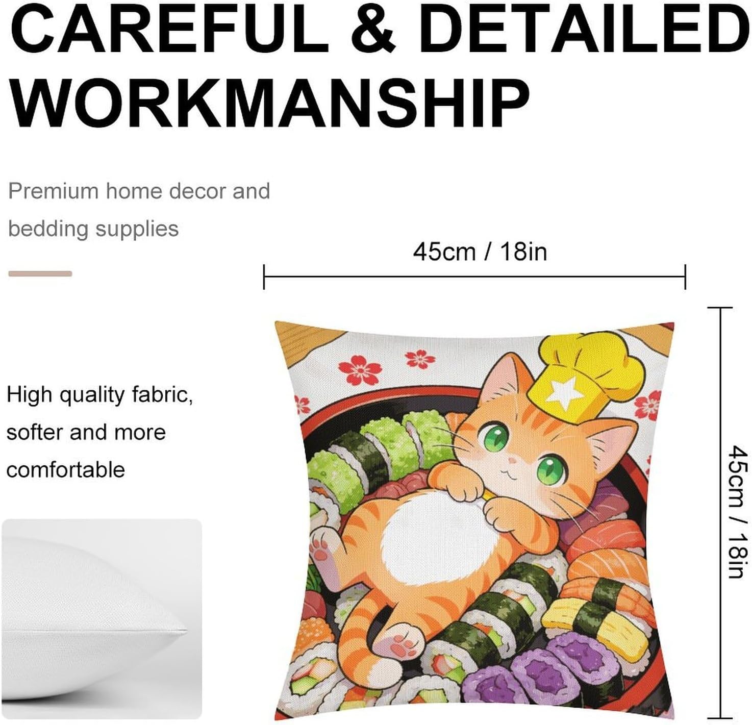 Japanese Sushi Kawaii Cat Pillow Protectors Cute Waterproof Pillow Cover Soft Skin-Friendly Cushion Case Decorative Square Cushion Cover for Couch Sofa Bed Living Room Bedroom