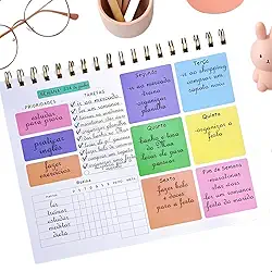 Planner Semanal com 50 Folhas, Capa de Acetato e Aramado, Organizador Colorido com Divisões Completo, Anotações, Tarefas, Prioridades e Rotina, Planner Semanal de Mesa