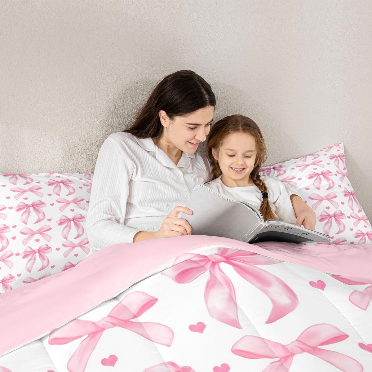 Homewish Zestaw pościeli z różową kokardą King - dziewczęca wstążka kokarda zestaw kołdry dla dziewcząt dzieci muszka węzeł zestaw kołdry - marzycielski styl księżniczki miłość serce