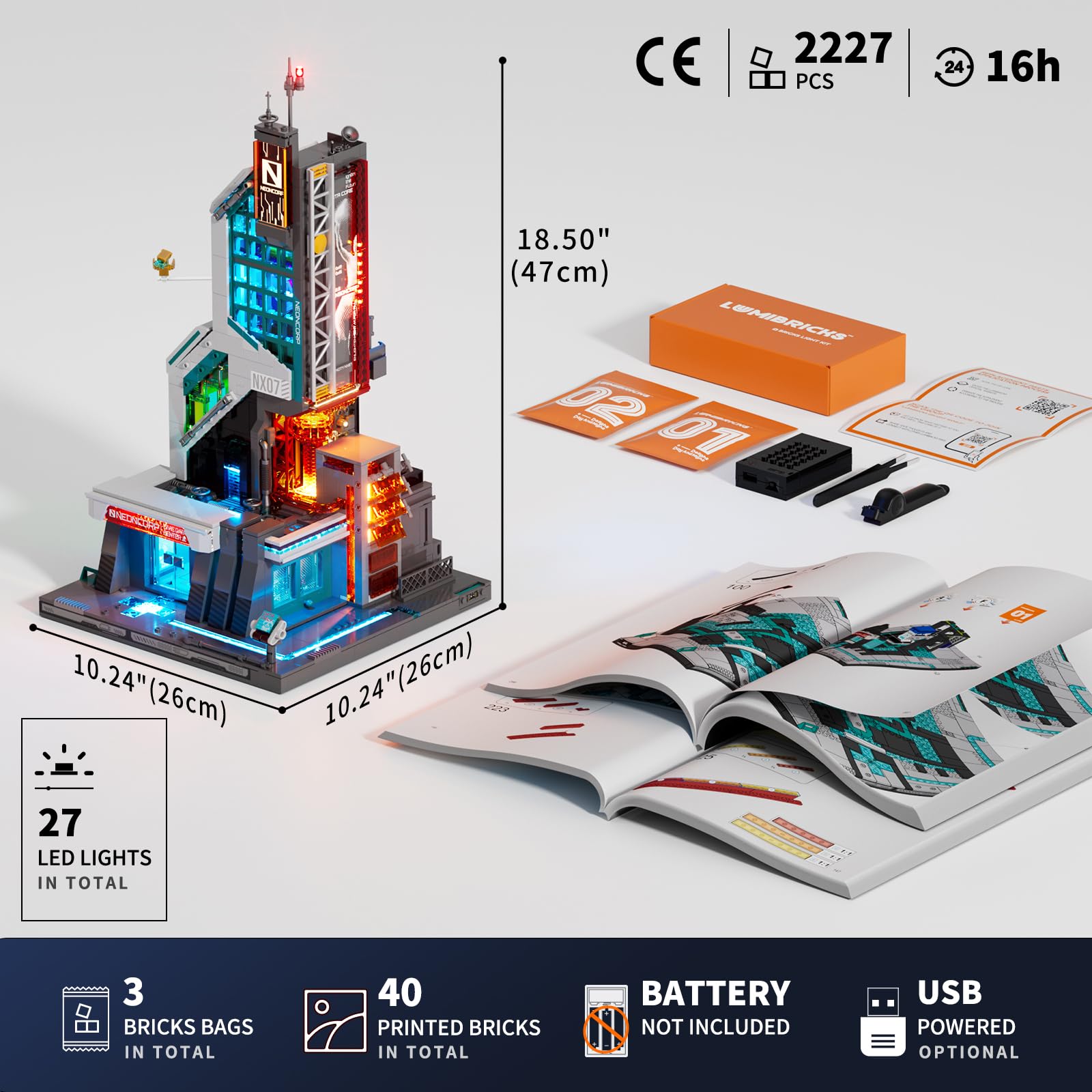 Lumibricks Neon Tech Tower Beleuchtetes Klemmbaustein-Set, 2227 Teile Cyberpunk-Wolkenkratzer mit 27 LED-Lichtern, Modulares Ausstellungsgebäude, Sci-Fi-Bauset für Erwachsene