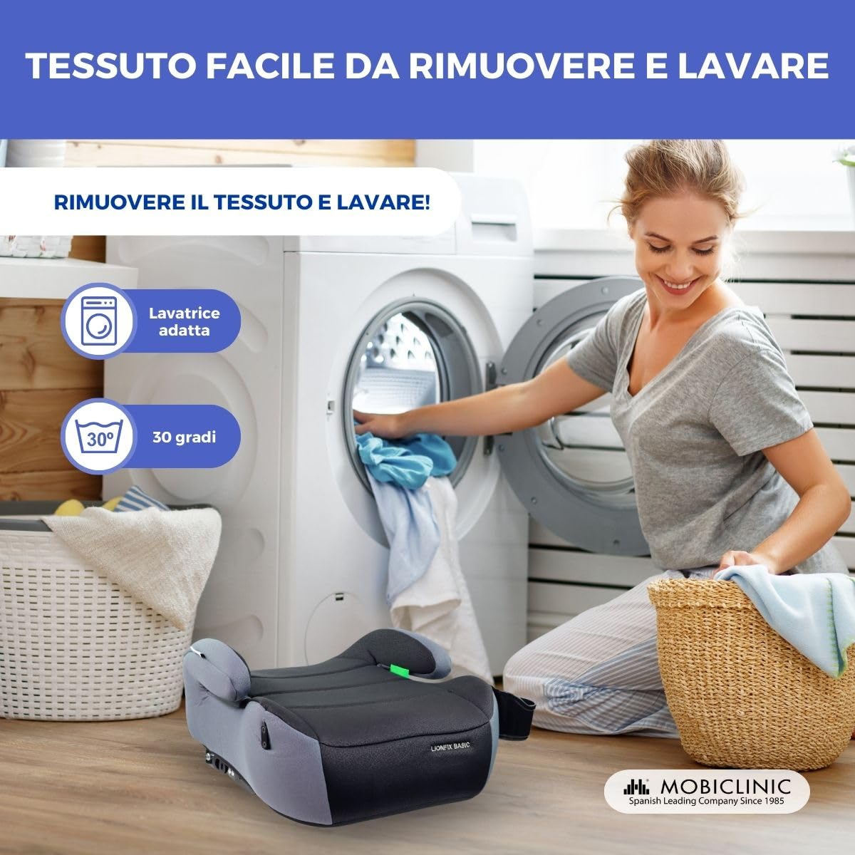 Mobiclinic®, Alzatina Auto Bimbi, ISOFIX Regolabile, I-Size ECE R129, Portabottiglie Rimovibile, 125-150 cm, Rivestimento Sfoderabile e Lavabile, da 22 a 36 kg, Bracciolo Imbottito, Lionfix Basic
