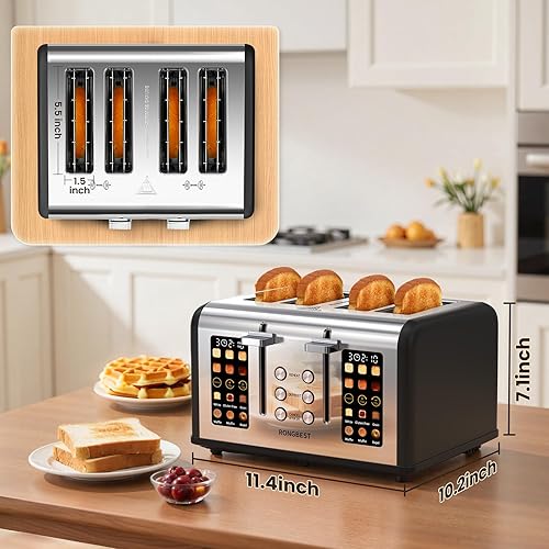 Miniatura 8 de Tostadora de pantalla táctil de 4 rebanadas, tostadora de acero inoxidable con ranuras anchas para bagels y pan, funciones de
