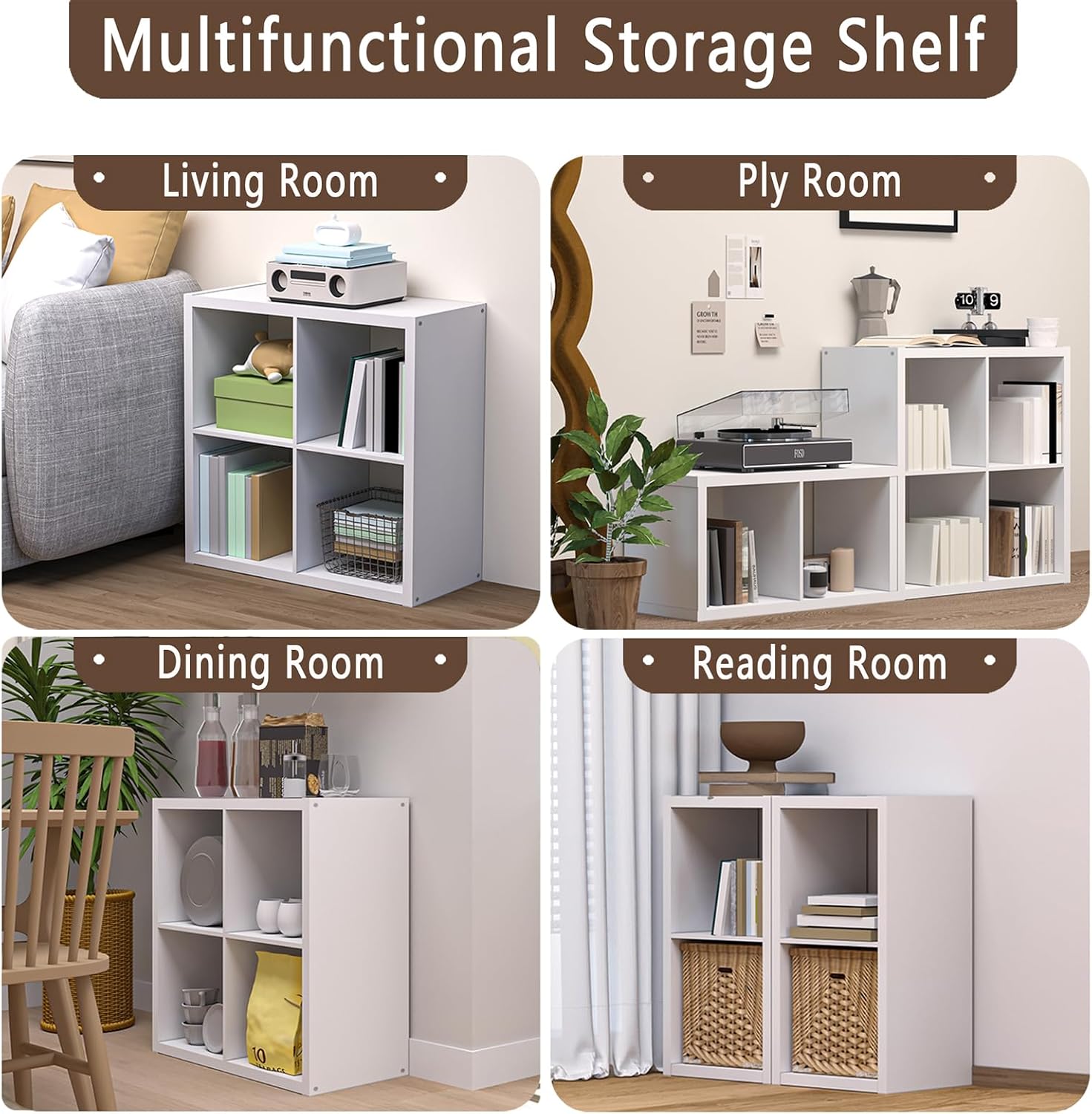 4 Cube Storage Organizer Shelf, 13inch White | 2026 Thick Border Wood, Anti-Tipping Kits, Open Back Shelf