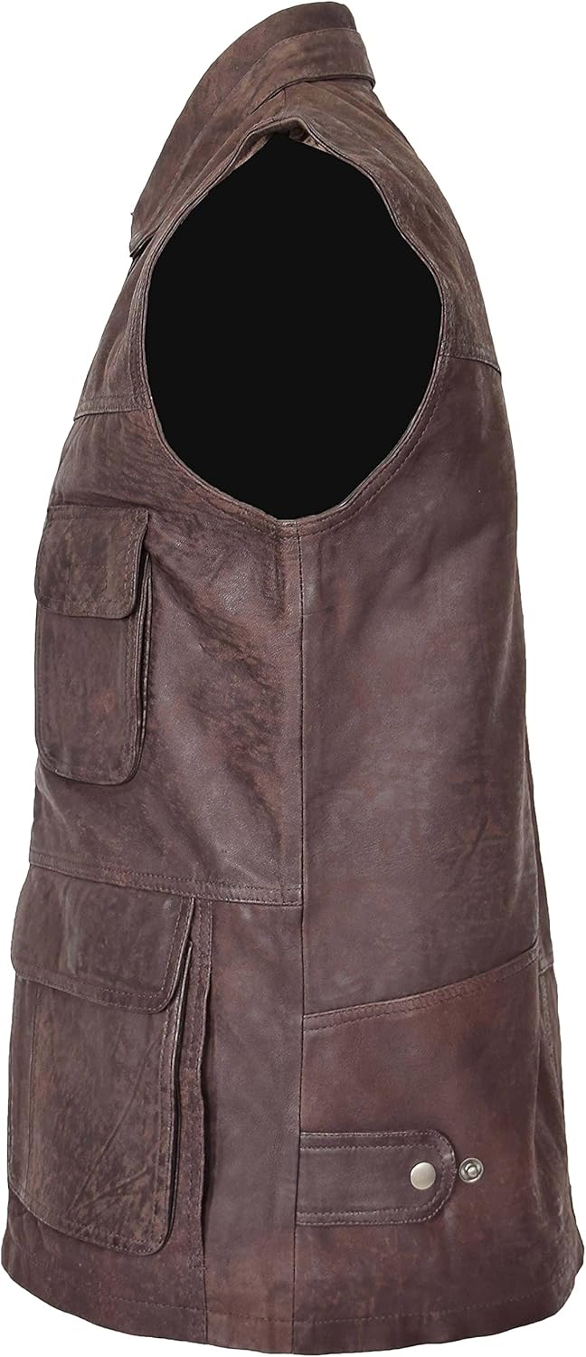 Mens Real Leather Gilet Vest Multi Purpose Waistcoat Roger Brown