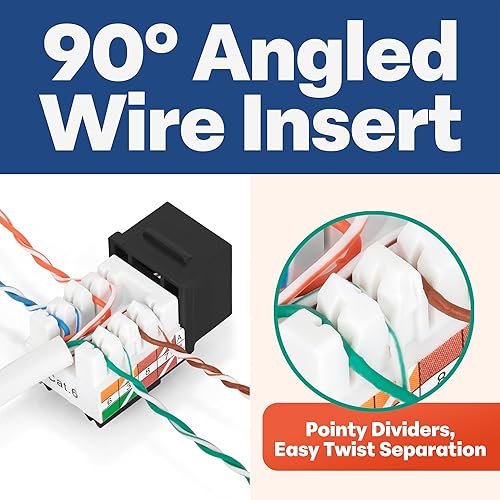 Miniatura 56 de Everest - Paquete de 10 conectores Keystone RJ45 Cat6 en ángulo de 90°, color blanco, conectores RJ45 hembra de perfil delgado, conector Keystone