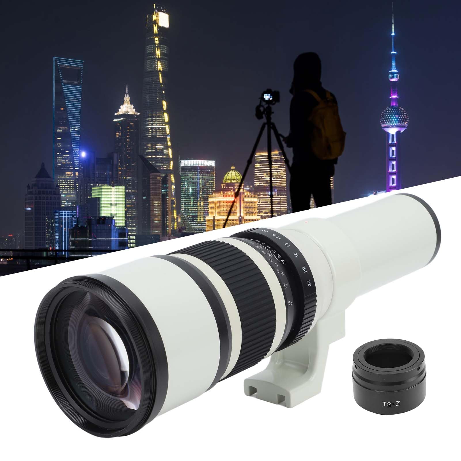 Lente Teleobjetivo de Enfoque Fijo F6.3 de 500 Mm - Lente Teleobjetivo de Enfoque Manual Adaptador de Montaje T2 Z - Compatible con Cámaras sin EspejoZ (Blanco)