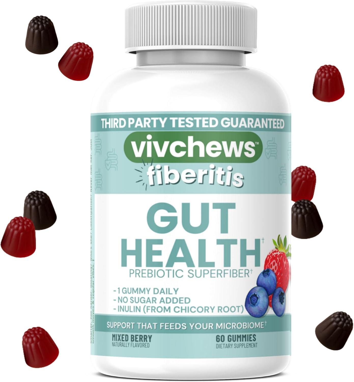 Gut Health Gummies – Prebiotic Fiber for Bloating Relief, No Sugar Added, Non-GMO, Fruit Pectin Based, Gluten-Free, No Artificial Colors, Flavors or Sweeteners, 2 Month Supply