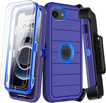 KECAI for iPhone 16e Case with Belt Clip Holster,Screen Protector X2,Heavy Duty Shockproof Drop Protection Military Grade 3 Layers Full Covered Rugged Durable Phone Cover for Apple 16e Blue