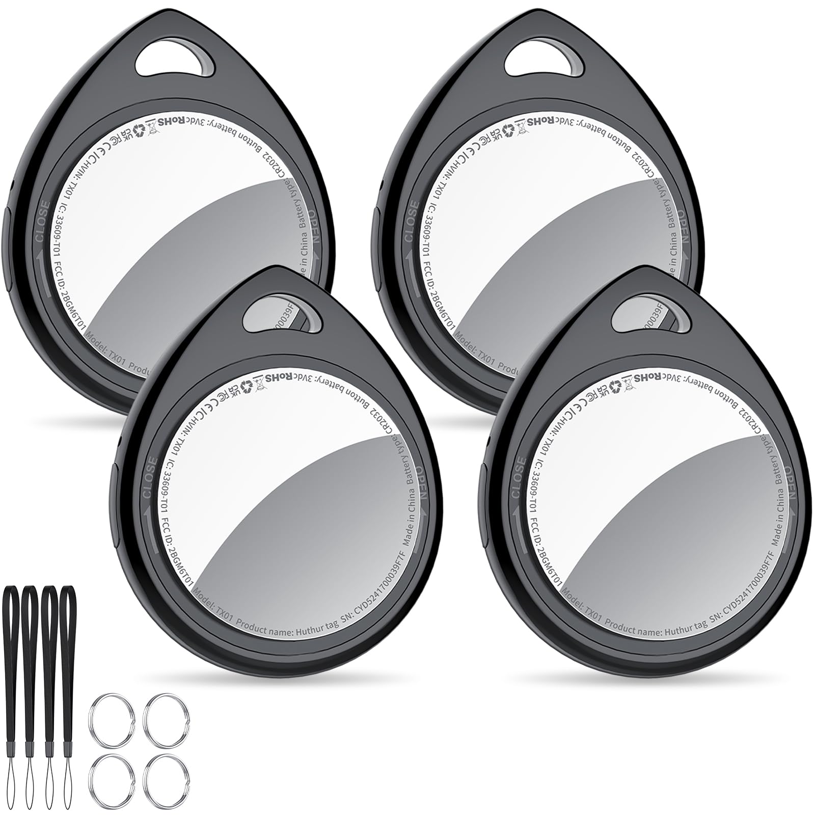 QCOQ® Air Tags 4 Pezzi Nero, Smart Tracker Bluetooth Compatibile con Apple Dov’è App (solo iOS), Localizzatore Chiavi fino a 100dB con Batteria Sostituibile per Chiavi/Bagagli/Valigie/Portafogli