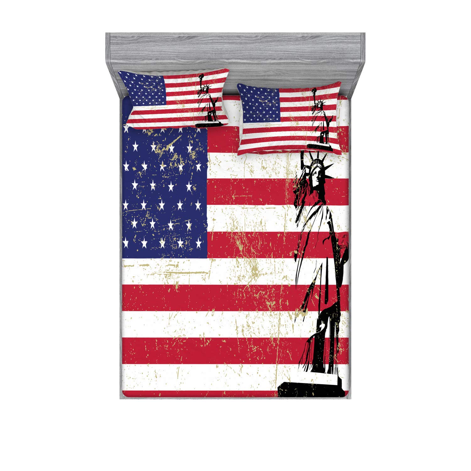 Ambesonne New York Fitted Sheet & Pillow Sham Set, Liberty and USA Flag Retro Style Enlightening World Famous, Decorative Printed 3 Piece Bedding Decor Set, Queen, Dark Coral White