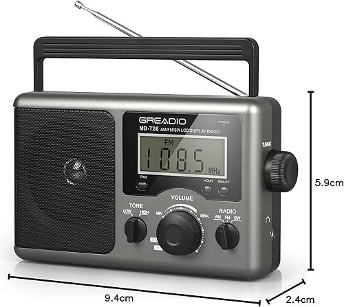 Miniatura 8 de Greadio Radio portátil de onda corta radio de transistor FM AM con la mejor recepción pantalla LCD ajuste de tiempo funciona con pilas 4 pilas D o