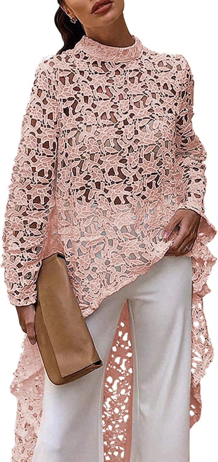 PRETTYGARDEN Women's Long Sleeve Round Neck High Low Asymmetrical Irregular Hem Casual Tops Blouse Shirt Dress