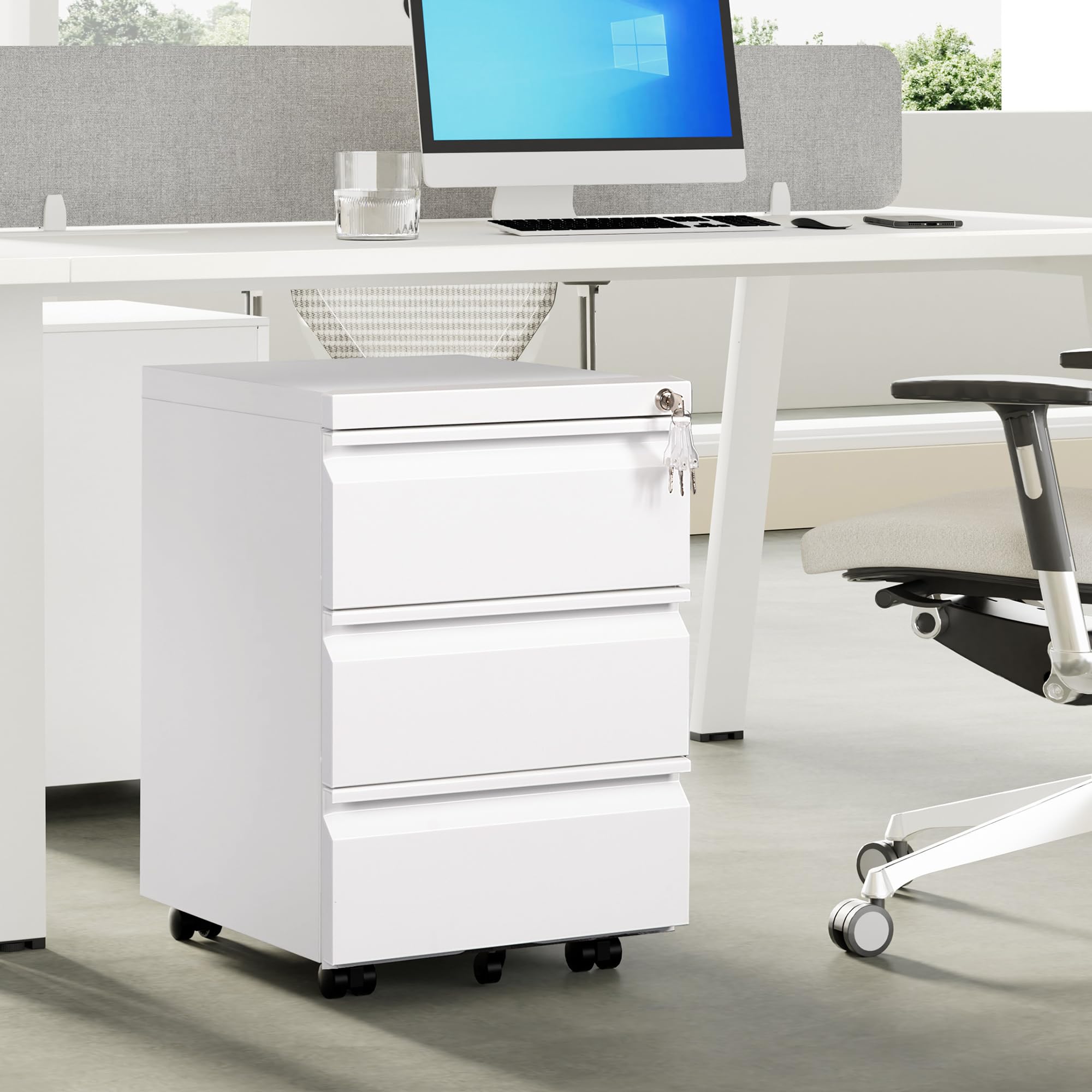 Cajonera móvil, Archivador Metálico con Cerradura, 4 Llaves, 3 Cajones, Premontado, para Oficina, Oficina en Casa, Blanco