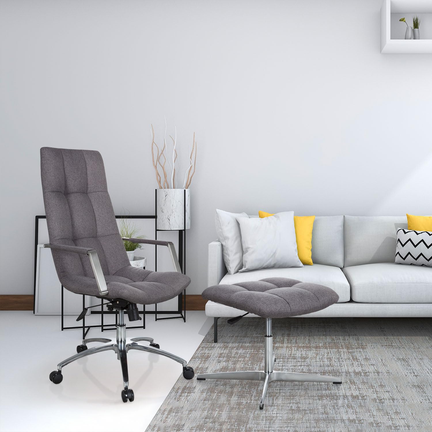 hjh OFFICE 670934 Tabouret élégant avec Un Design rétro SARANTO Gris Tissu, Pouf Salon, Tabouret Bas, réglable en Hauteur