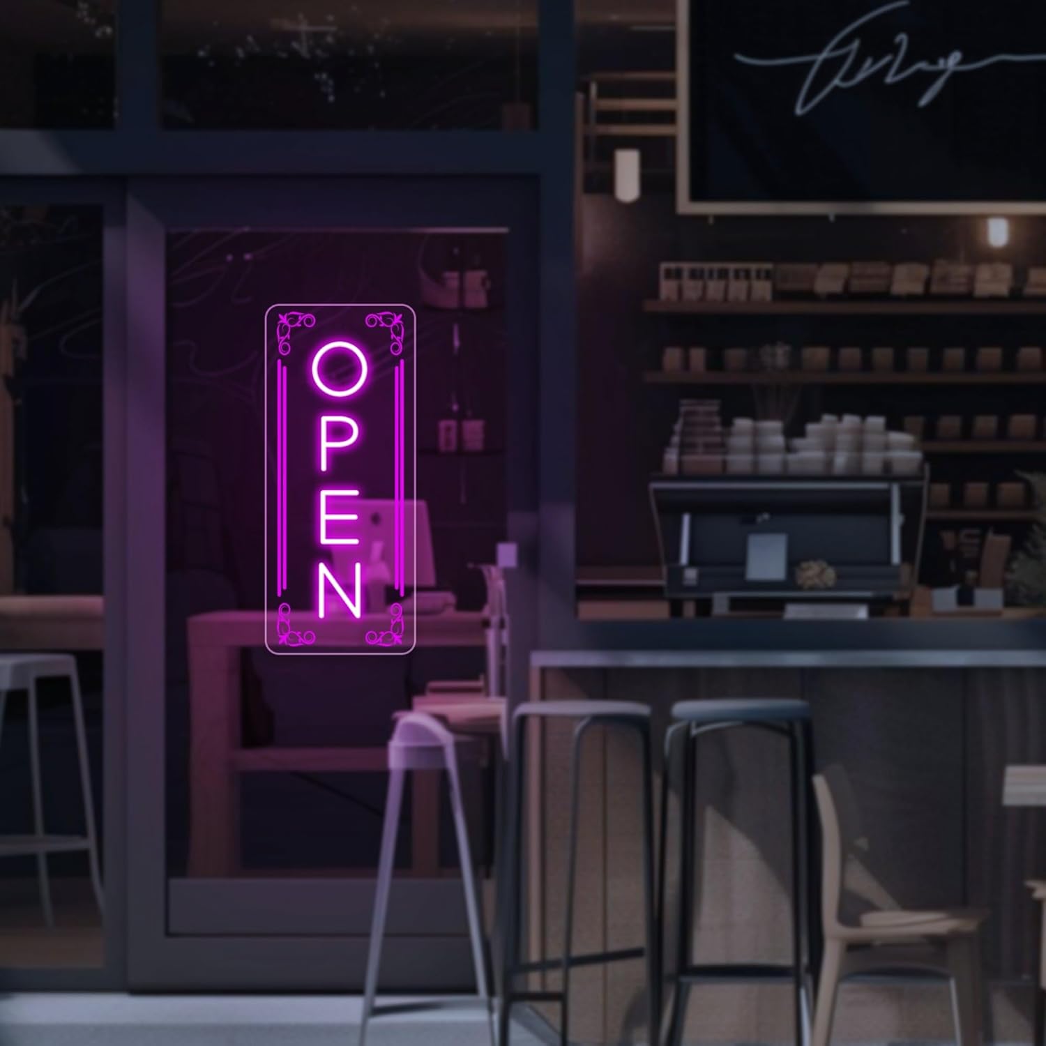 Vertical LED Open Sign - UV printing Pattern, LED Open Signs for business – USB Powered Neon Wall Light, Neon Sign for Shop, Window, or Business Use (7x16.5'', Purple)