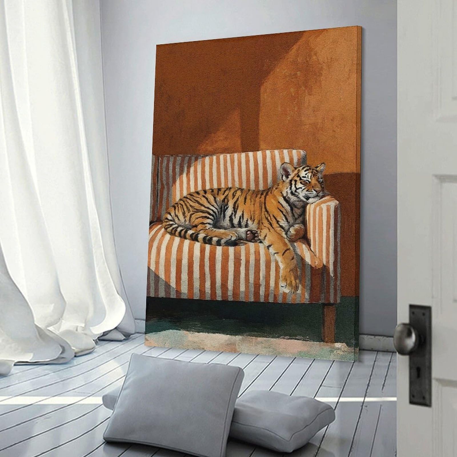 Junmoney Canvas Wall Picture Resting Tiger on Striped Couch, 20x30inch(50x75cm), for Home Lounge, Bedroom Or Reading Nook, A Home Accent with Warm Character
