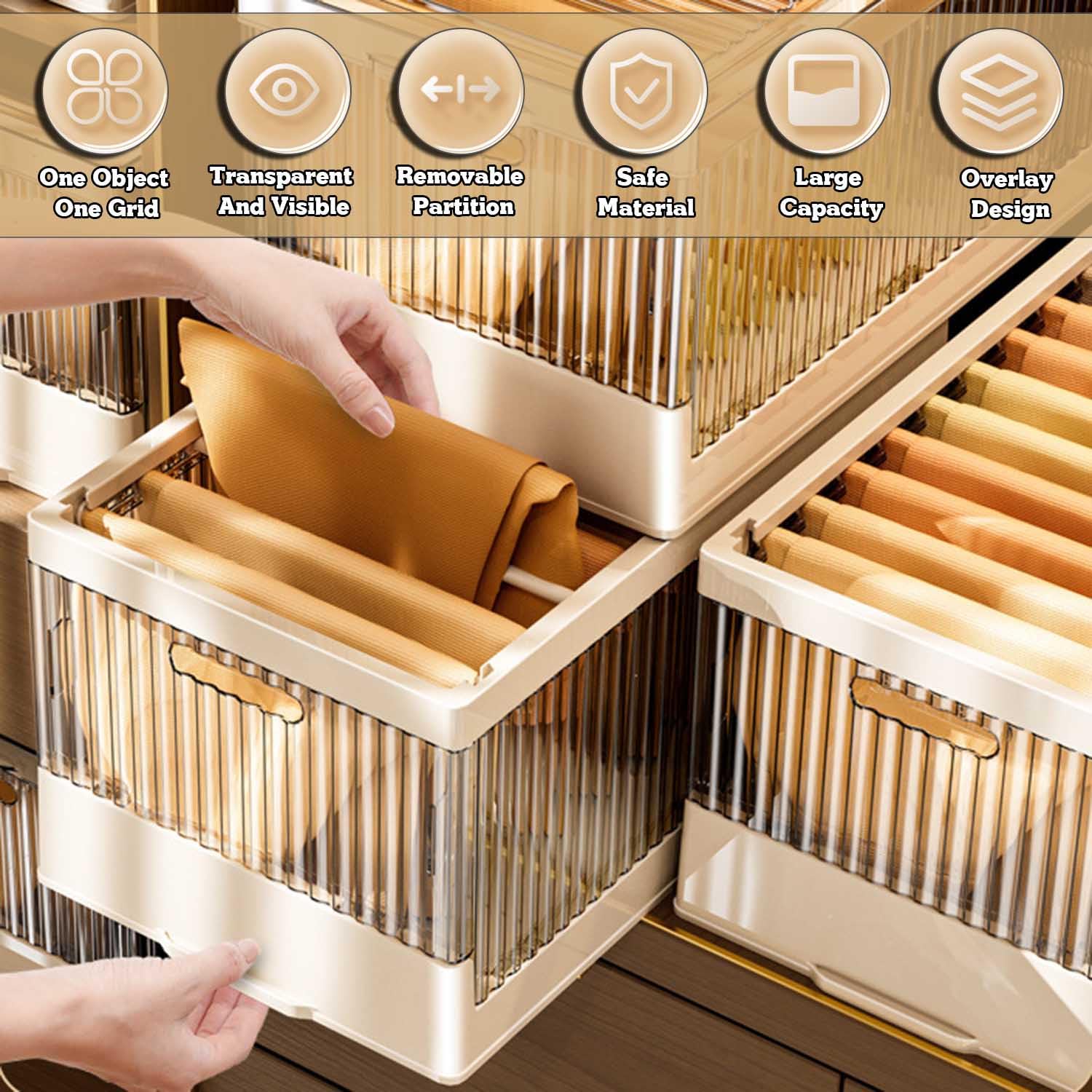 Organizador de ropa para jeans, apilable, plegable, organizador de cajones de armario, caja de almacenamiento para suéter, ropa interior, camisetas, calcetines, con tapa, asa y riel de ropa ajustable,