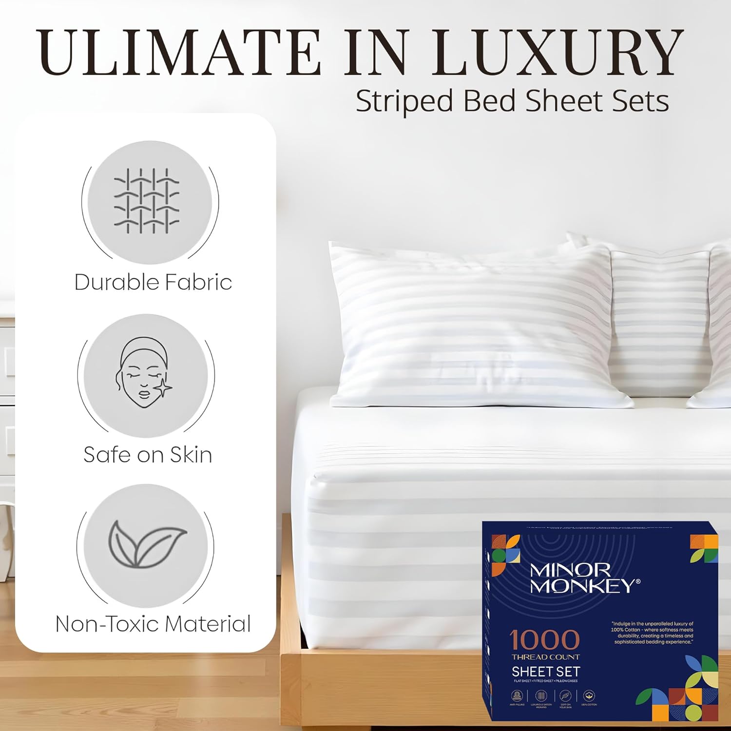 100% Egyptian Cotton Queen Size Damask Striped Sheets, 1000 Thread Count Luxury Breathable Sheet, 4Pc Queen Size Bed Sheet Set, Long Staple 16" Deep Pocket Sheets Set: White - Image 4