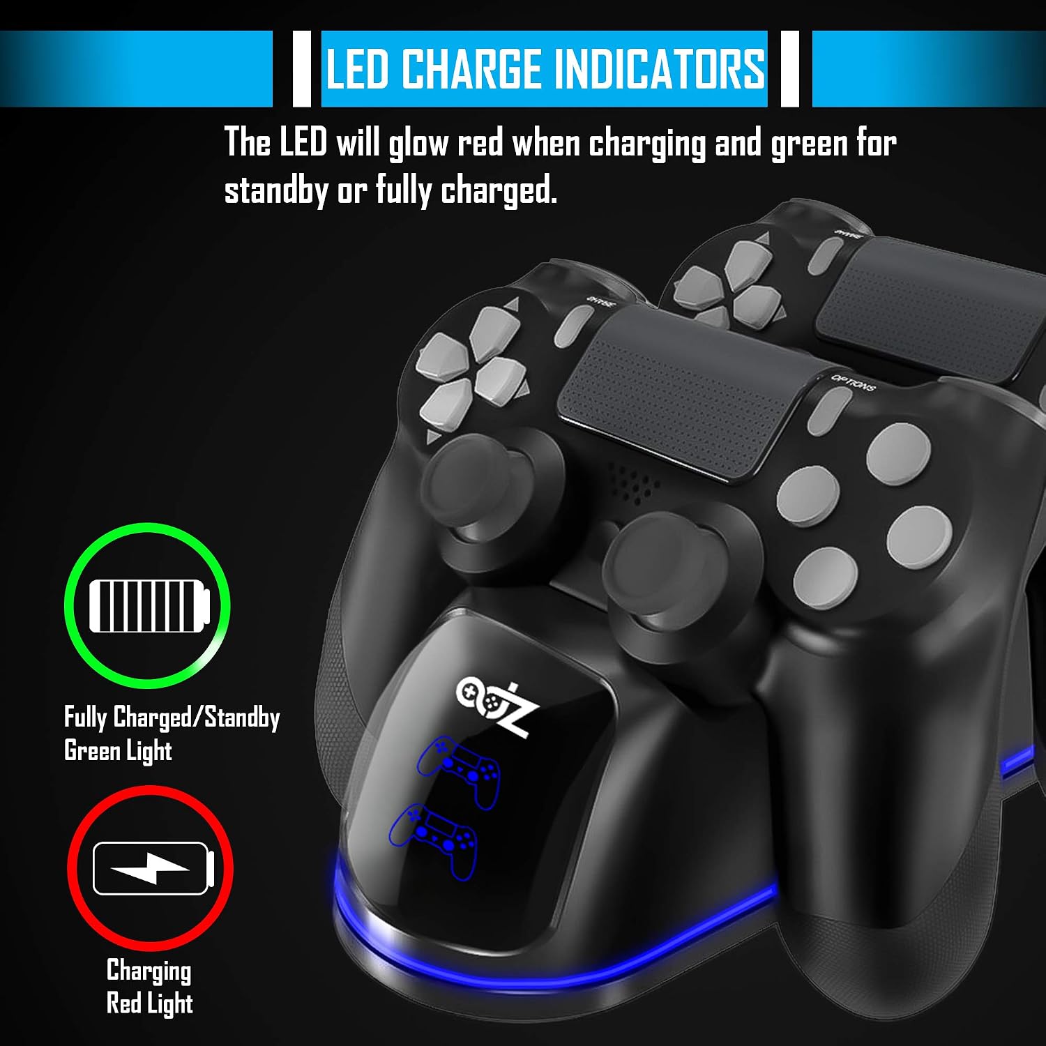 ADZ PS4 Controller Charging Dock, PS4 Charging Dock with USB Charging Cable and Blue LED Halo Ring for PS4 Controllers
