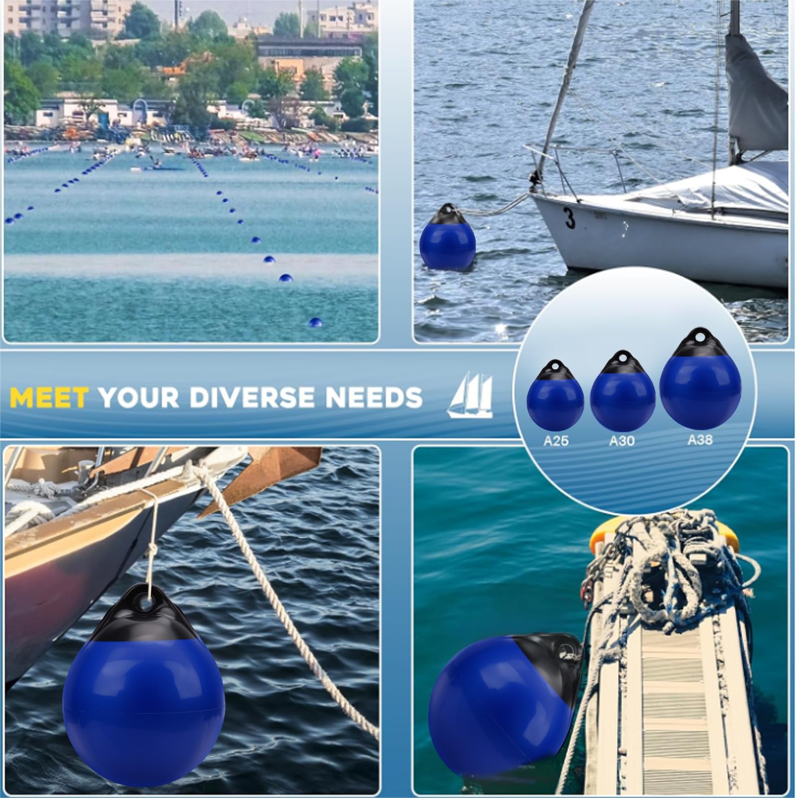 Boat Buoy Float, Inflatable PVC Mooring Buoy and Boat Bumper, Round Floating Ball for Yacht and Boat Docking in Black and Blue