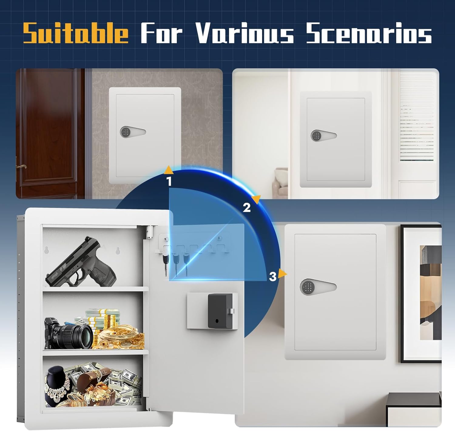 Wall Safe with Movable Shelves Electronic Combination Lock Wall Safes Between the Studs Fireproof Concealed Flat Design, Suitable for Storing Cash Jewelry Passports and Other Valuables(White)