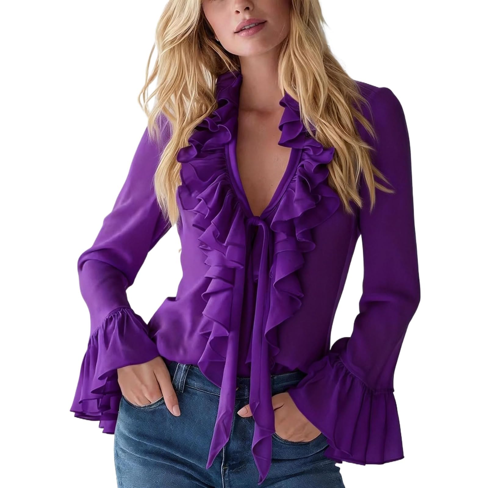 Elegante blusa de gasa con cuello en V y volantes para mujer, manga larga, con volantes, lazo frontal, cuello con volantes, blusa de gasa