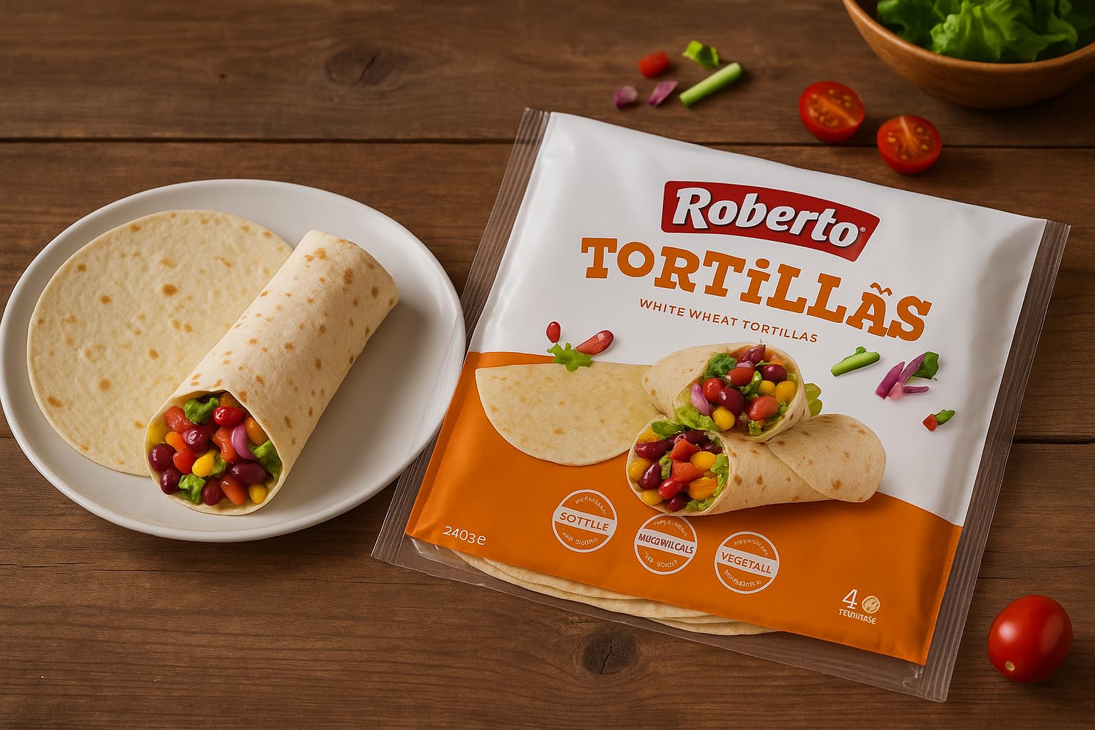 Roberto Tortillas di Grano Tenero – 12 pezzi di Tortilla Piadina Sottili, Arrotolabili e 100% Vegetali – Ideali per Wrap, Burritos e Fajitas Piatti Caldi e Freddi