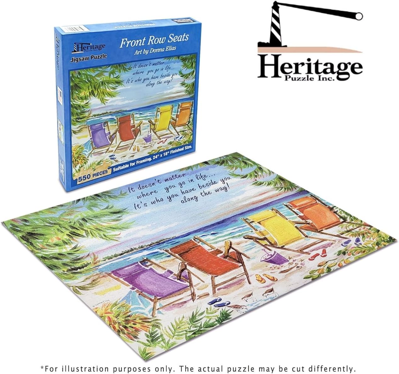 Heritage Puzzle Front Row Seats - 550 Piece Jigsaw Puzzle Size 24" x18" by Donna Elias - Beach Puzzles for Adults - Coastal Theme Beach Puzzle - Suitable for Framing - Made in U.S.A.