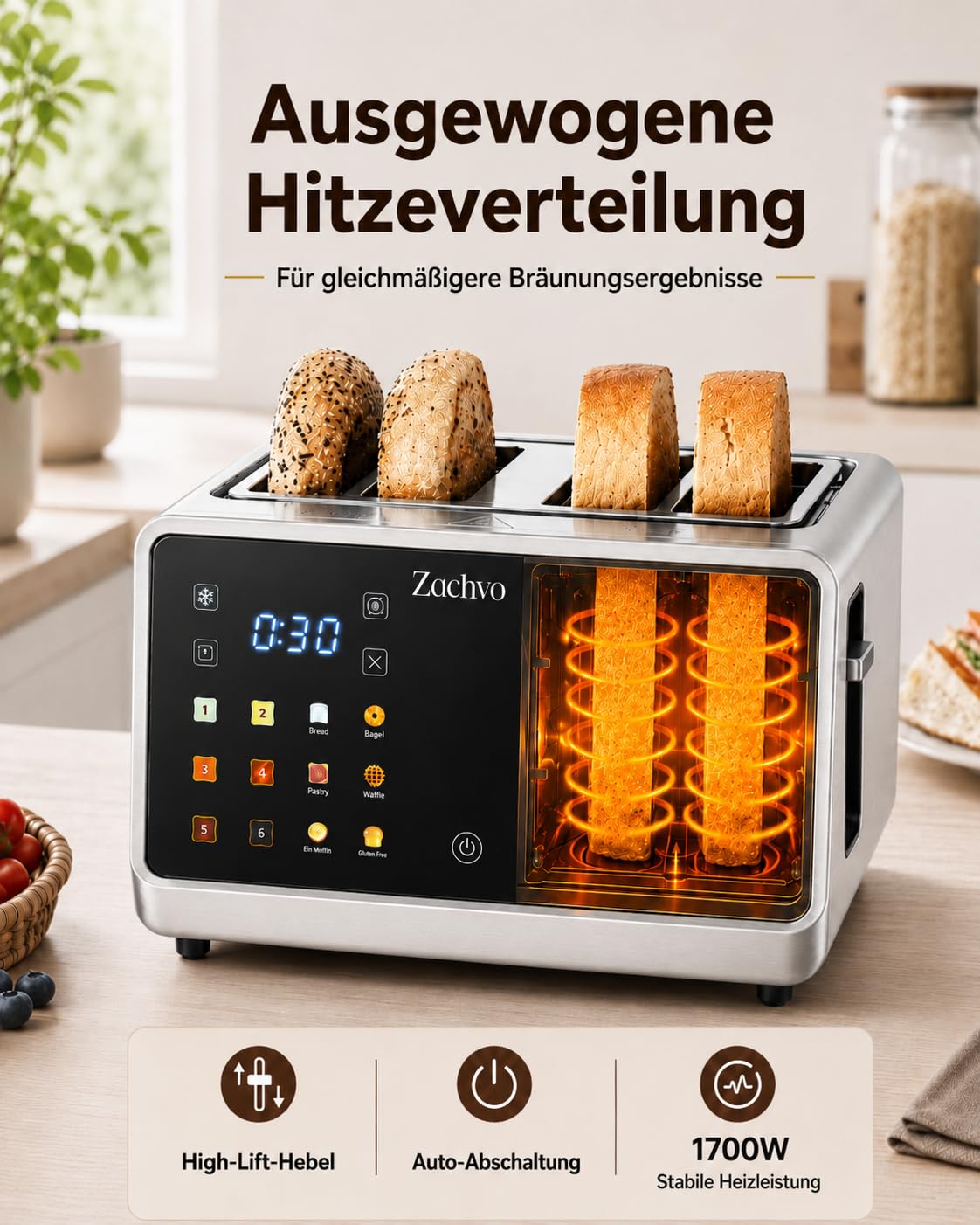 Toaster 4 Scheiben mit 2 unabhängige Toastzonen und Touchscreen