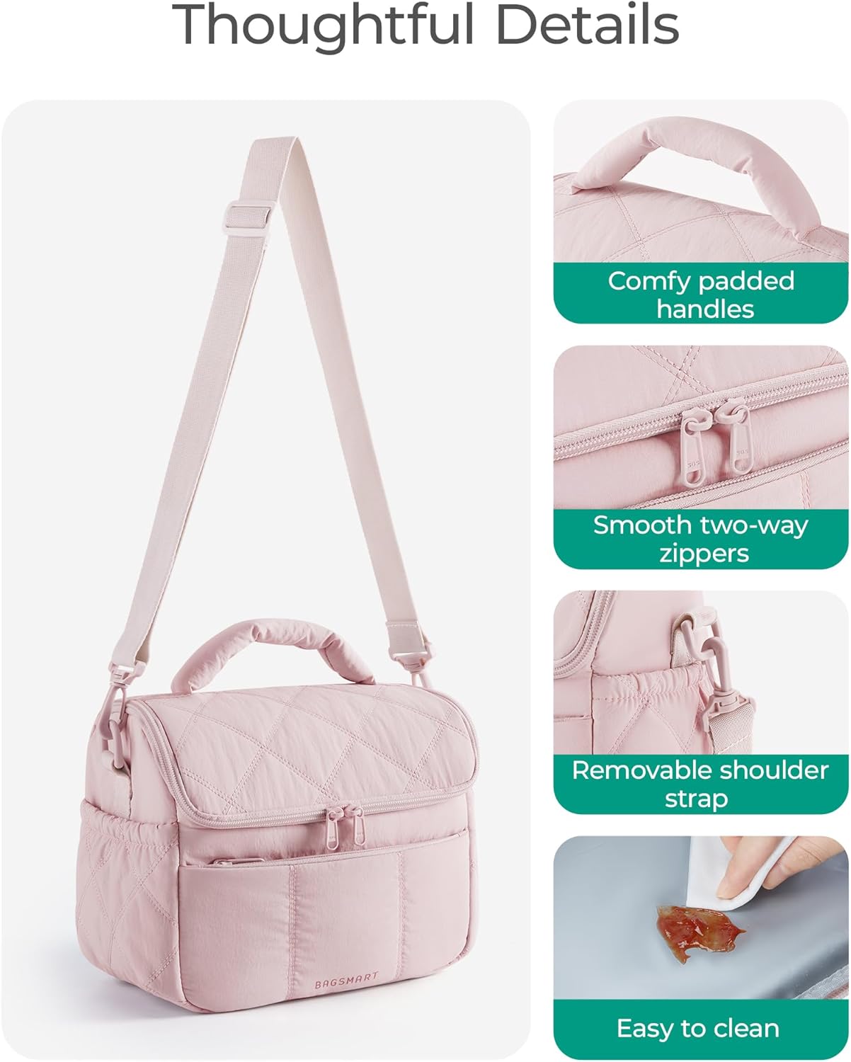 BAGSMART Insulated Lunch Bags for Women, Cute Quilted Lunch Box, Lightweight Puffy Padded Waterproof Lunch Tote, Reusable Lunch Cooler for Work Picnic Travel, Camel