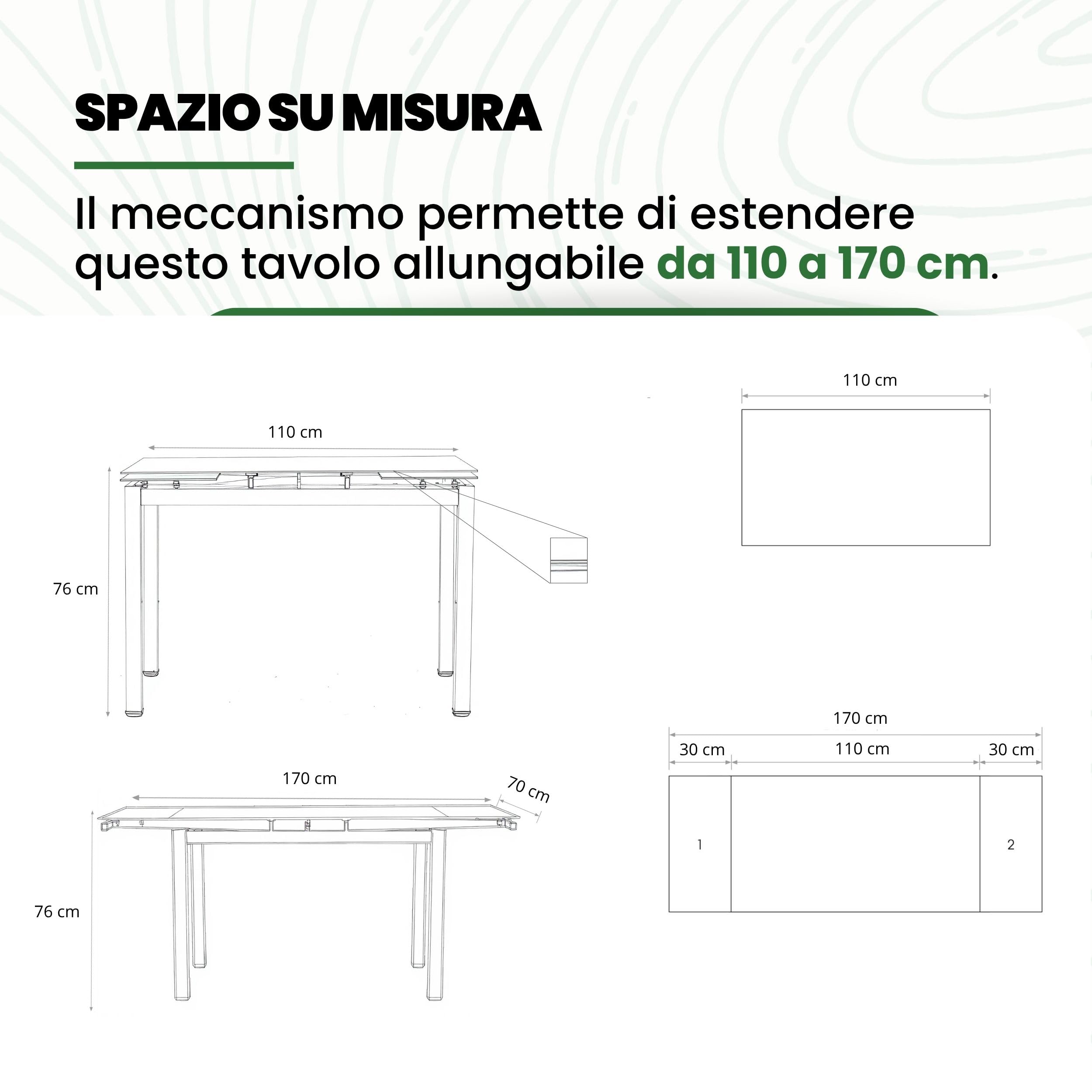 Mar.c.a. Design - Tavolo da Pranzo Allungabile Rettangolare 110x70x76 cm - Allungabile Fino a 180 Cm - Struttura in Acciaio Bianco e Piano in Vetro - Made in Italy