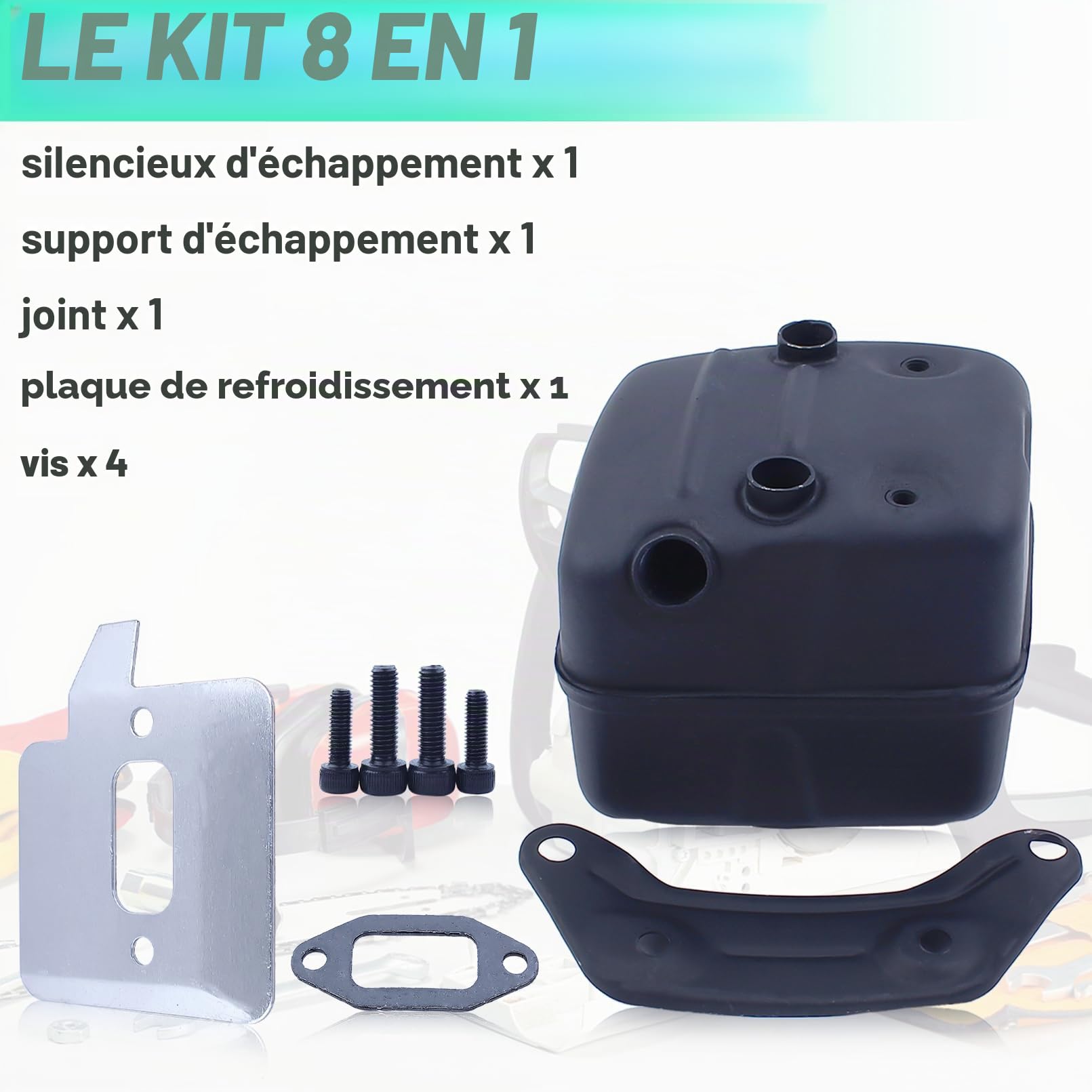 ADEFOL Kit de Pot Échappement pour Husqvarna 371 372XP 385 390XP 70cc Série | Silent Bloc Echappement avec Support Joint Plaque de Refroidissement Boulon Pièces Accessoire de Tronçonneuse 503765301