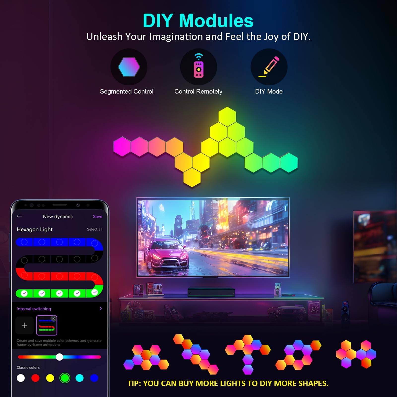 MeRGBW-Home 12 Pannelli LED Hexagon Luminoso, RGB Hexa Luci a Muro per Interni con APP, Cambia Colore a Ritmo di Musica, Lampade da Parete Esagonale per Gaming, Cameretta, Soggiorno, Sala Giochi