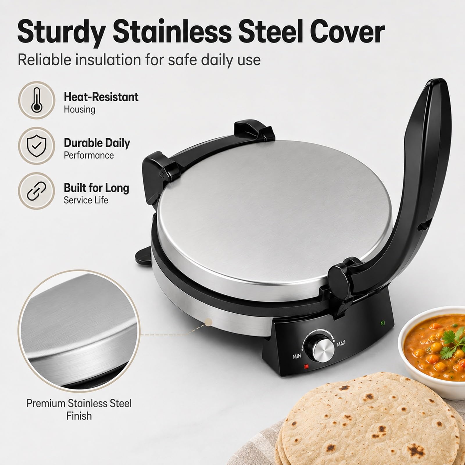 Máquina Eléctrica Roti 13", Prensa Antiadherente for Tortillas y Chapati | Máquina de Pan de Acero Inoxidable con Control de Temperatura for Auténticos Chapatis Indios y Tacos