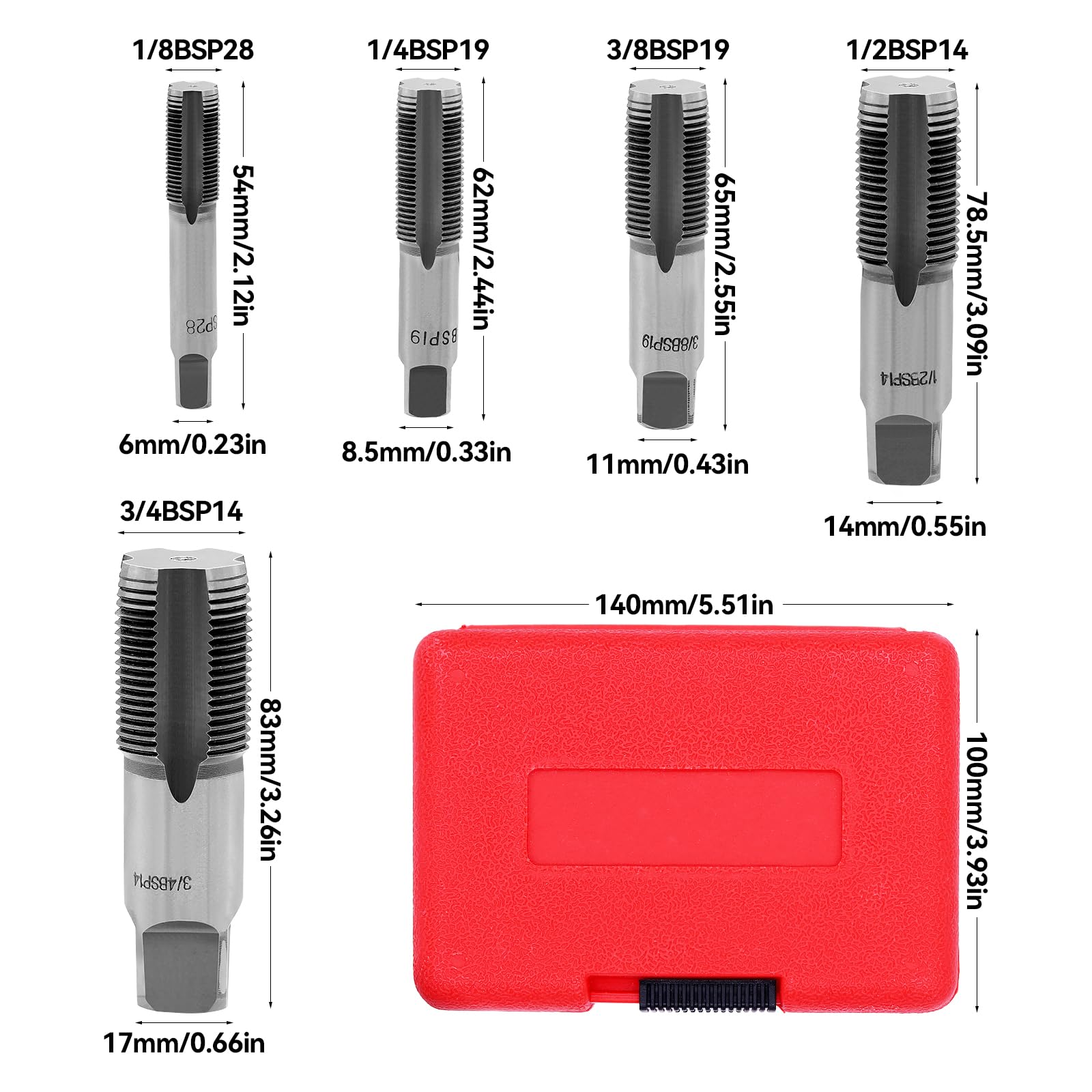 Set di 5 trapani per filettatura tubi BSP: 6,3 mm, 12,7 mm, 9,5 mm, 12,7 mm, 19 mm. Set di trapani per filettatura professionale per riparazioni, con scatola